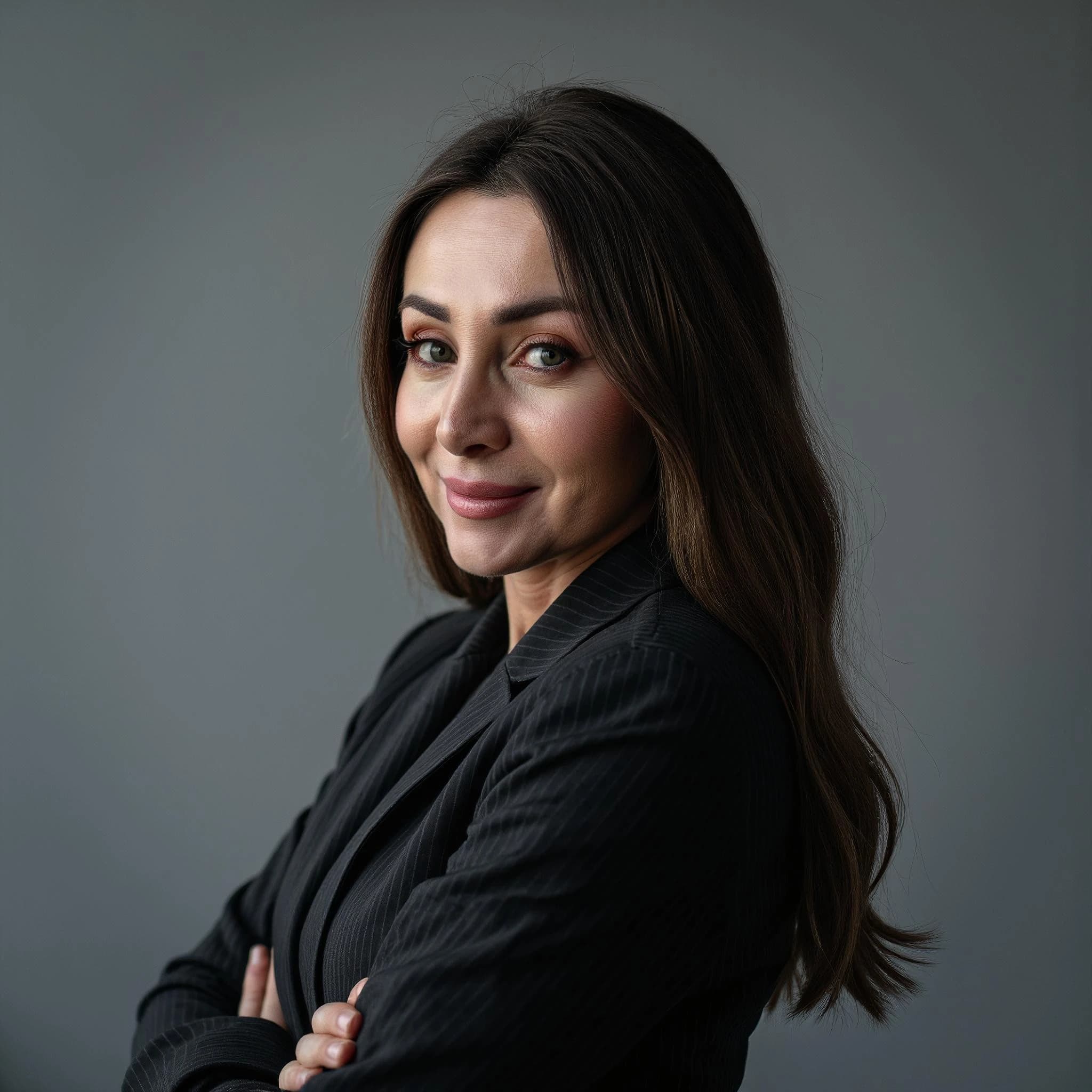 Professional headshot example: Woman Studio Black Suit Crossed Arms 5 — LinkedInHeadshots.ai