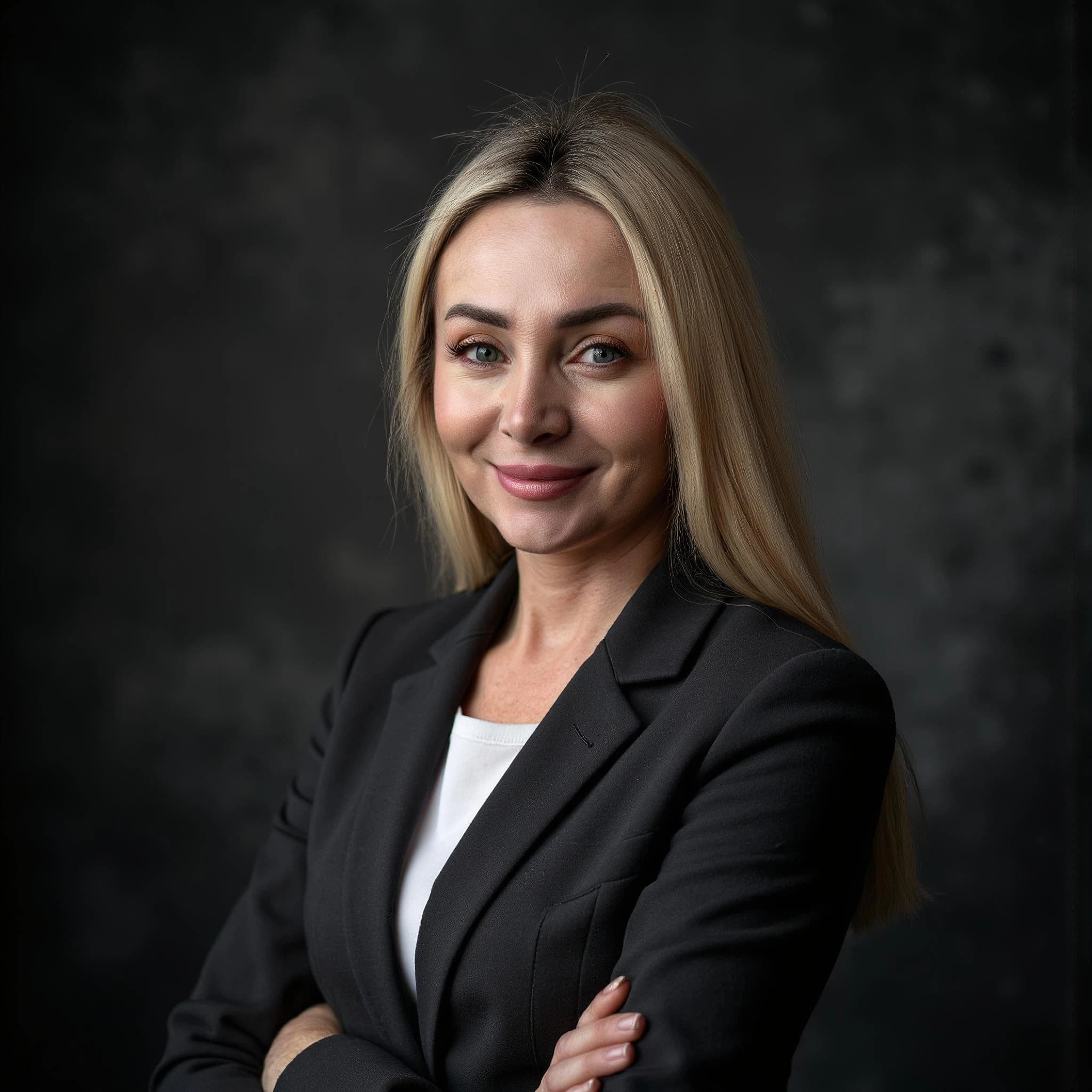 Professional headshot example: Woman Studio Black Suit Crossed Arms 9 — LinkedInHeadshots.ai