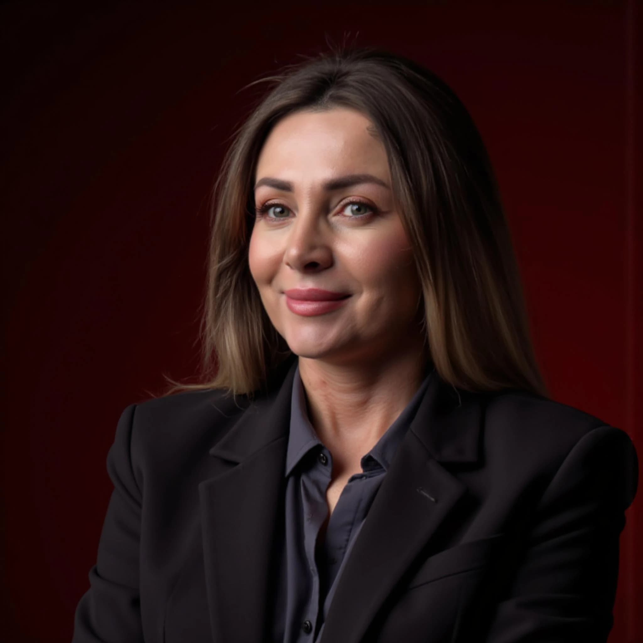 Professional headshot example: Woman Studio Black Suit Smiling 10 — LinkedInHeadshots.ai