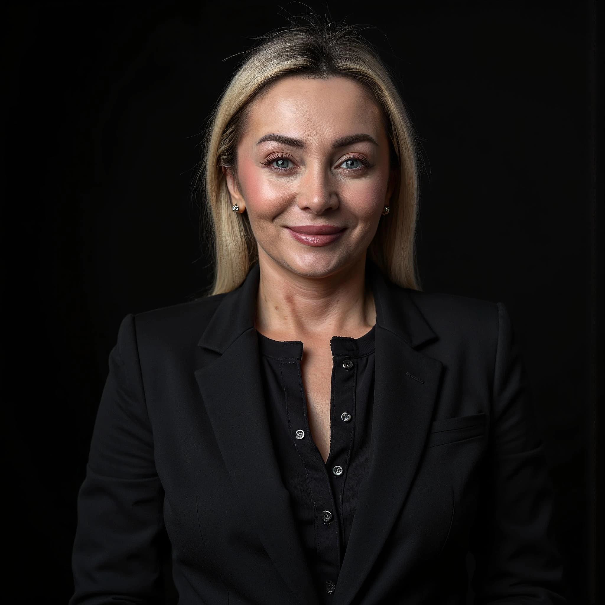 Professional headshot example: Woman Studio Black Suit Smiling 12 — LinkedInHeadshots.ai