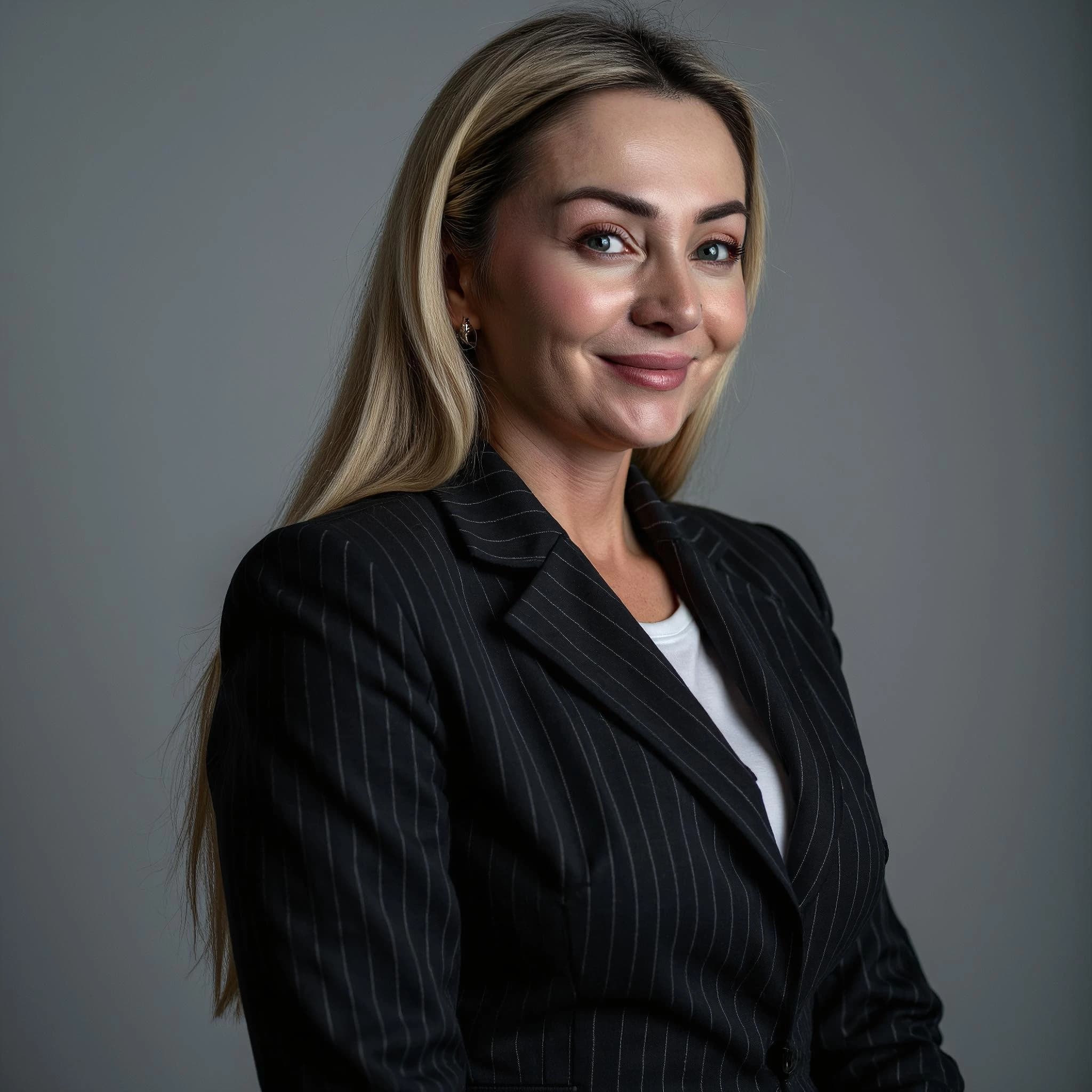 Professional headshot example: Woman Studio Black Suit Smiling 18 — LinkedInHeadshots.ai
