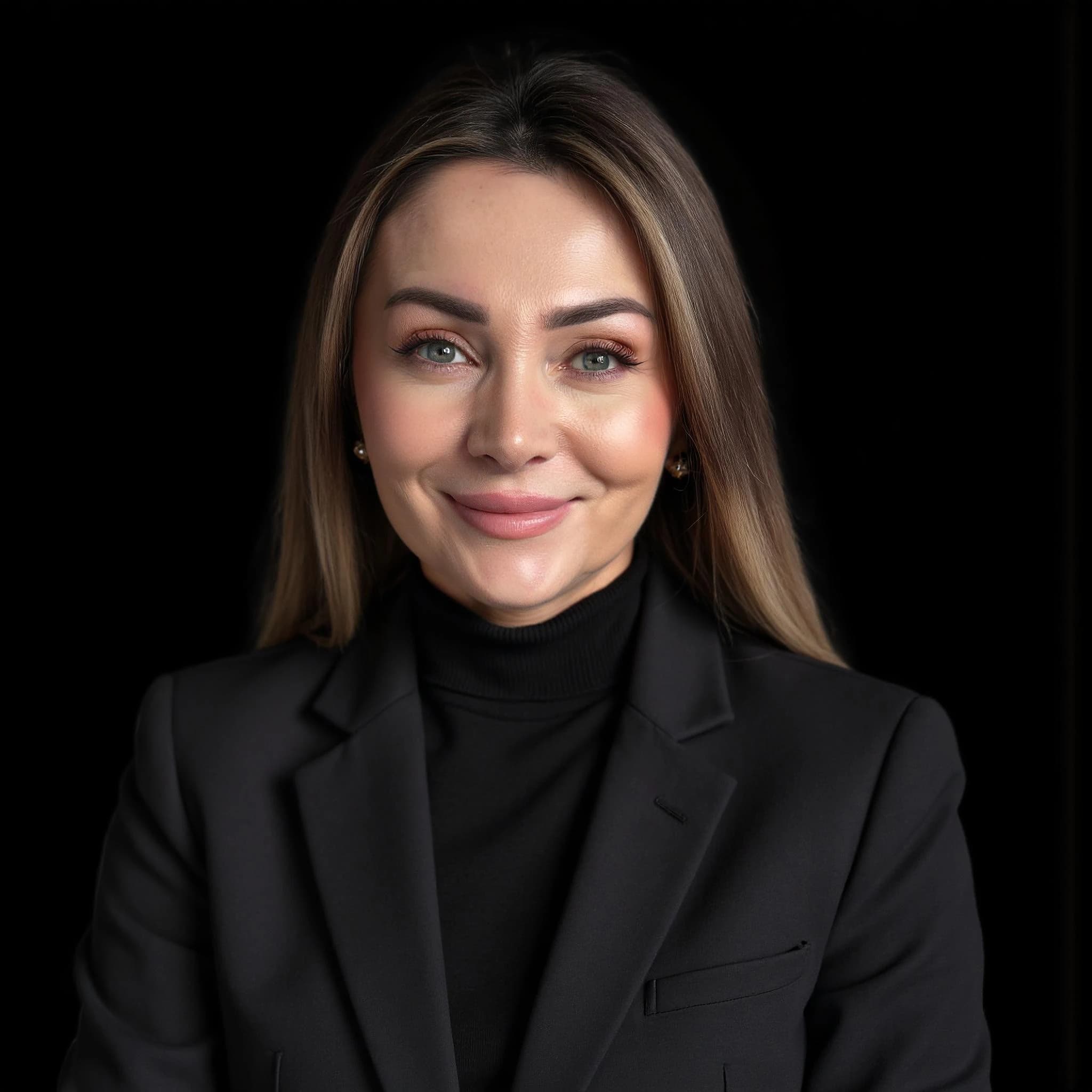 Professional headshot example: Woman Studio Black Suit Smiling 2 — LinkedInHeadshots.ai
