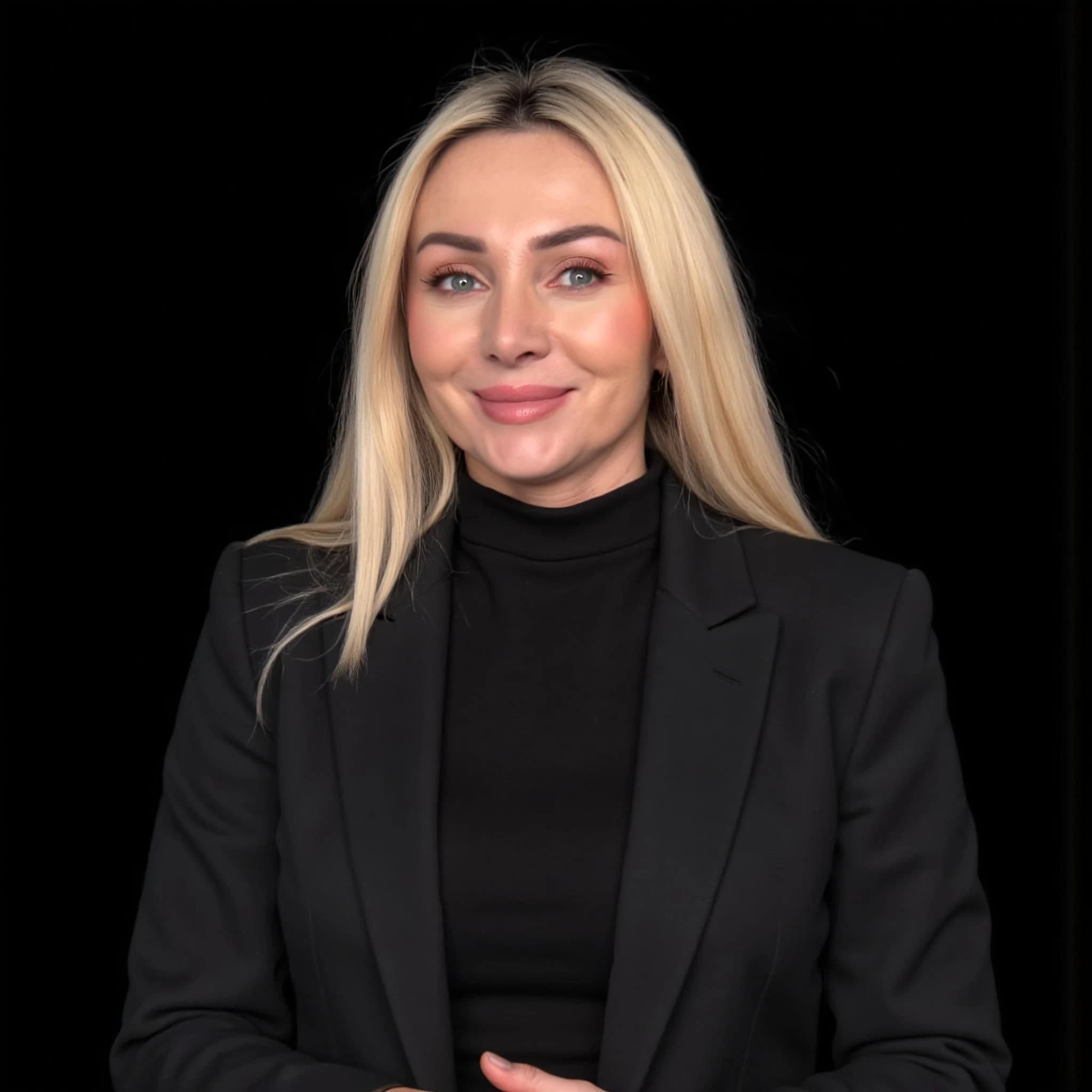 Professional headshot example: Woman Studio Black Suit Smiling 20 — LinkedInHeadshots.ai