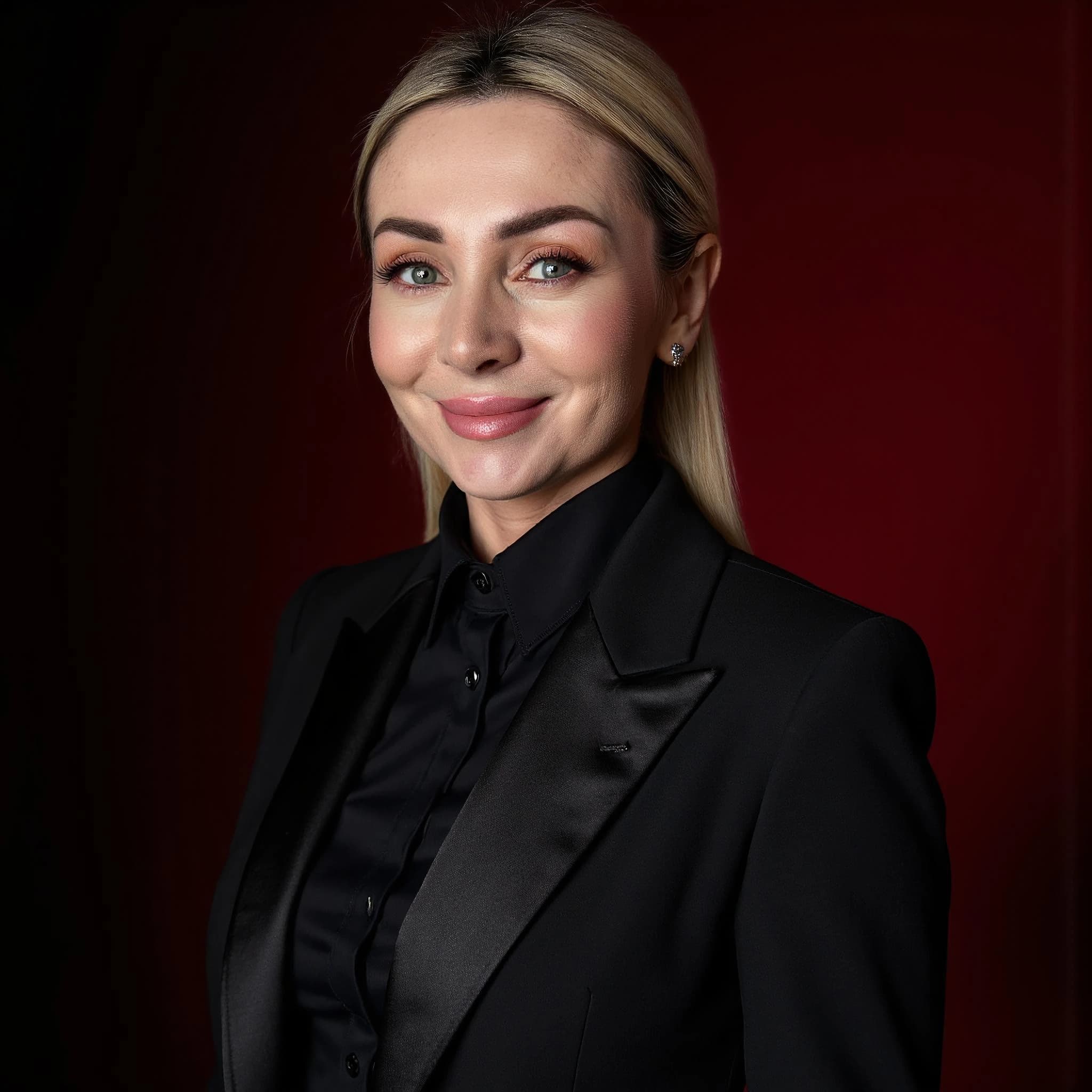 Professional headshot example: Woman Studio Black Suit Smiling 21 — LinkedInHeadshots.ai