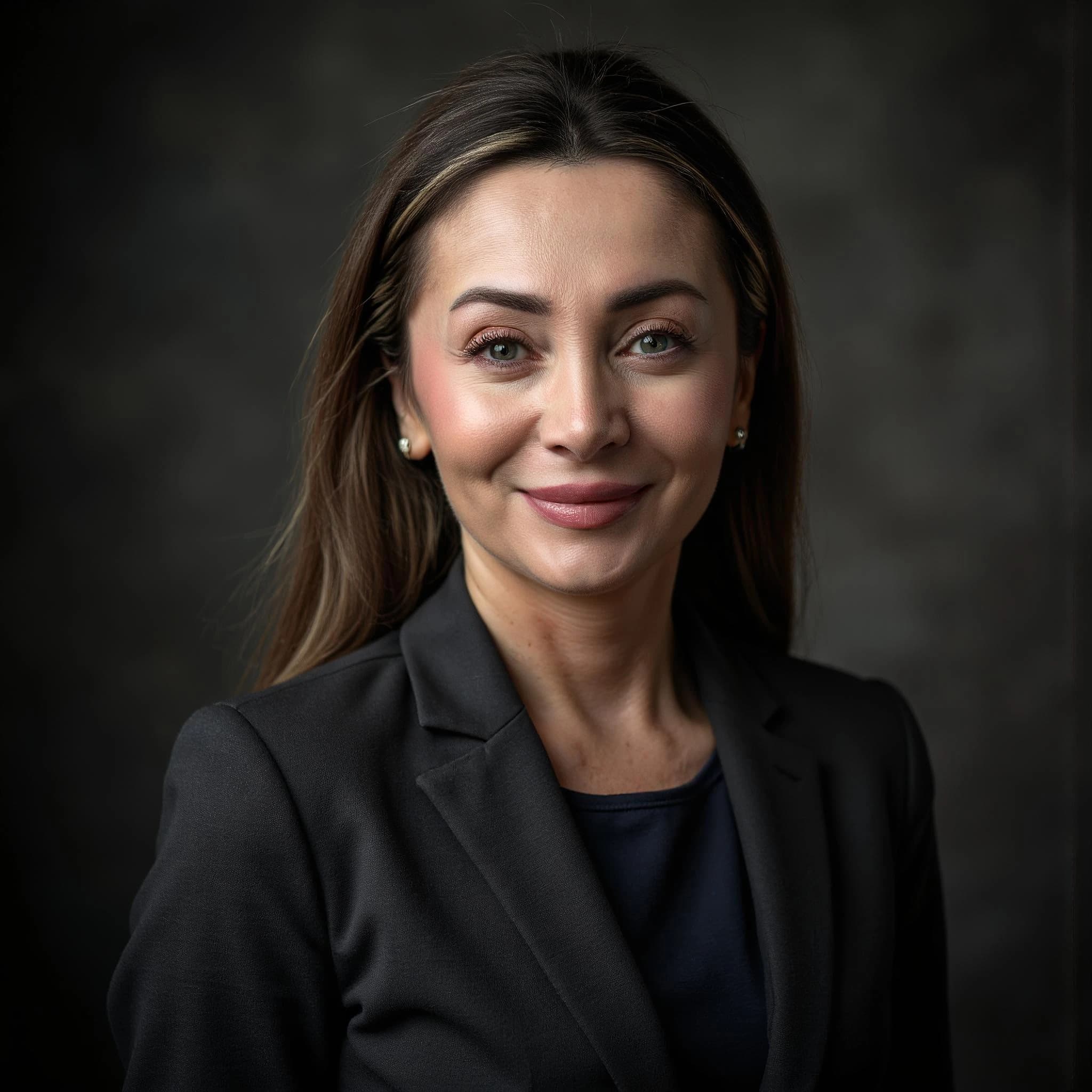 Professional headshot example: Woman Studio Black Suit Smiling 22 — LinkedInHeadshots.ai