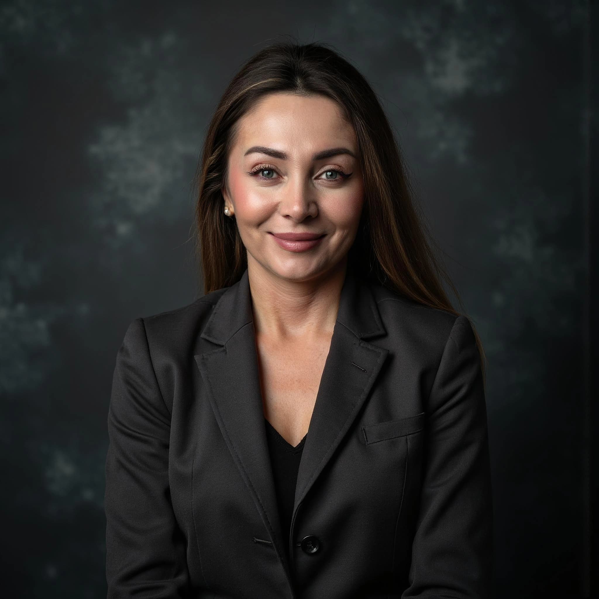 Professional headshot example: Woman Studio Black Suit Smiling 27 — LinkedInHeadshots.ai