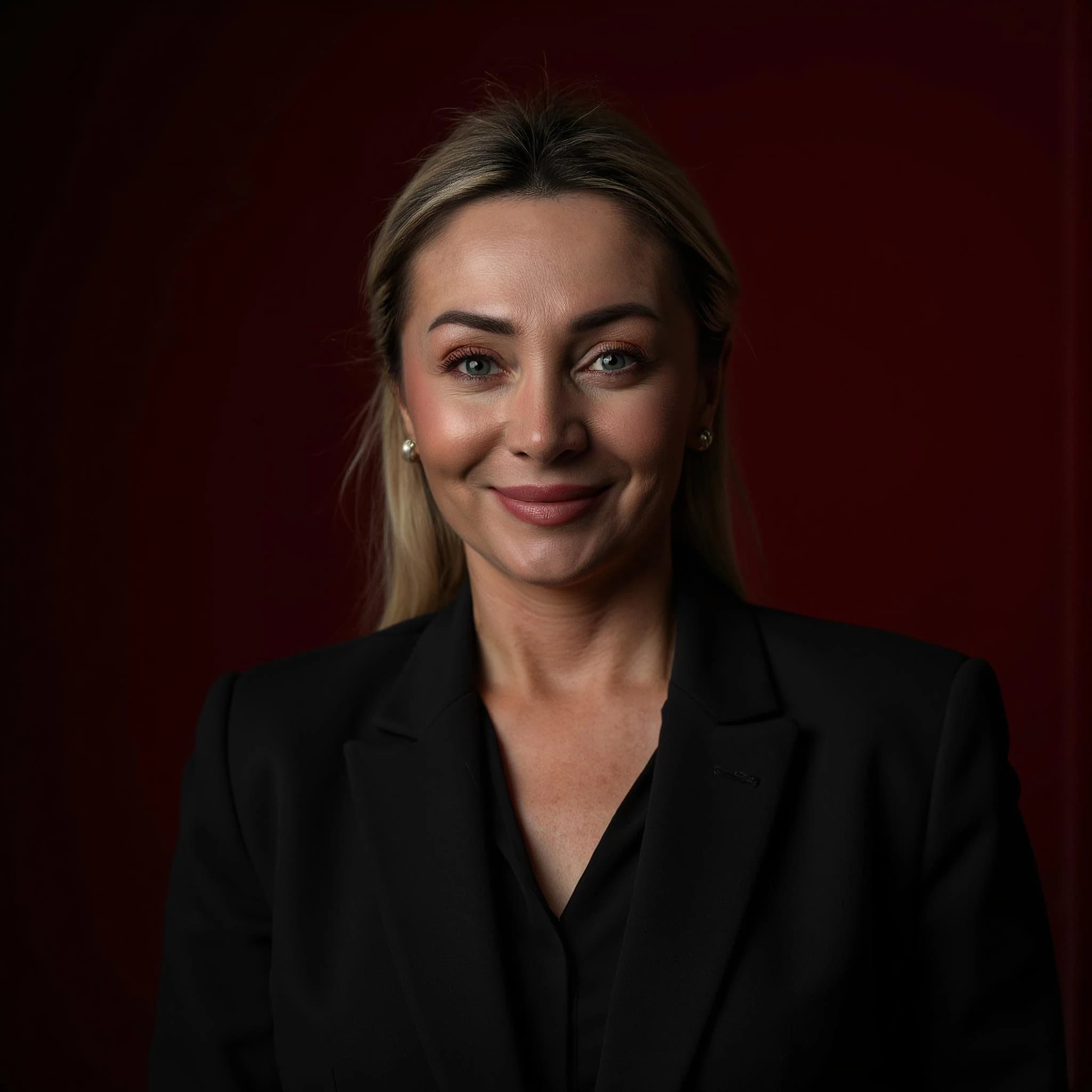 Professional headshot example: Woman Studio Black Suit Smiling 28 — LinkedInHeadshots.ai