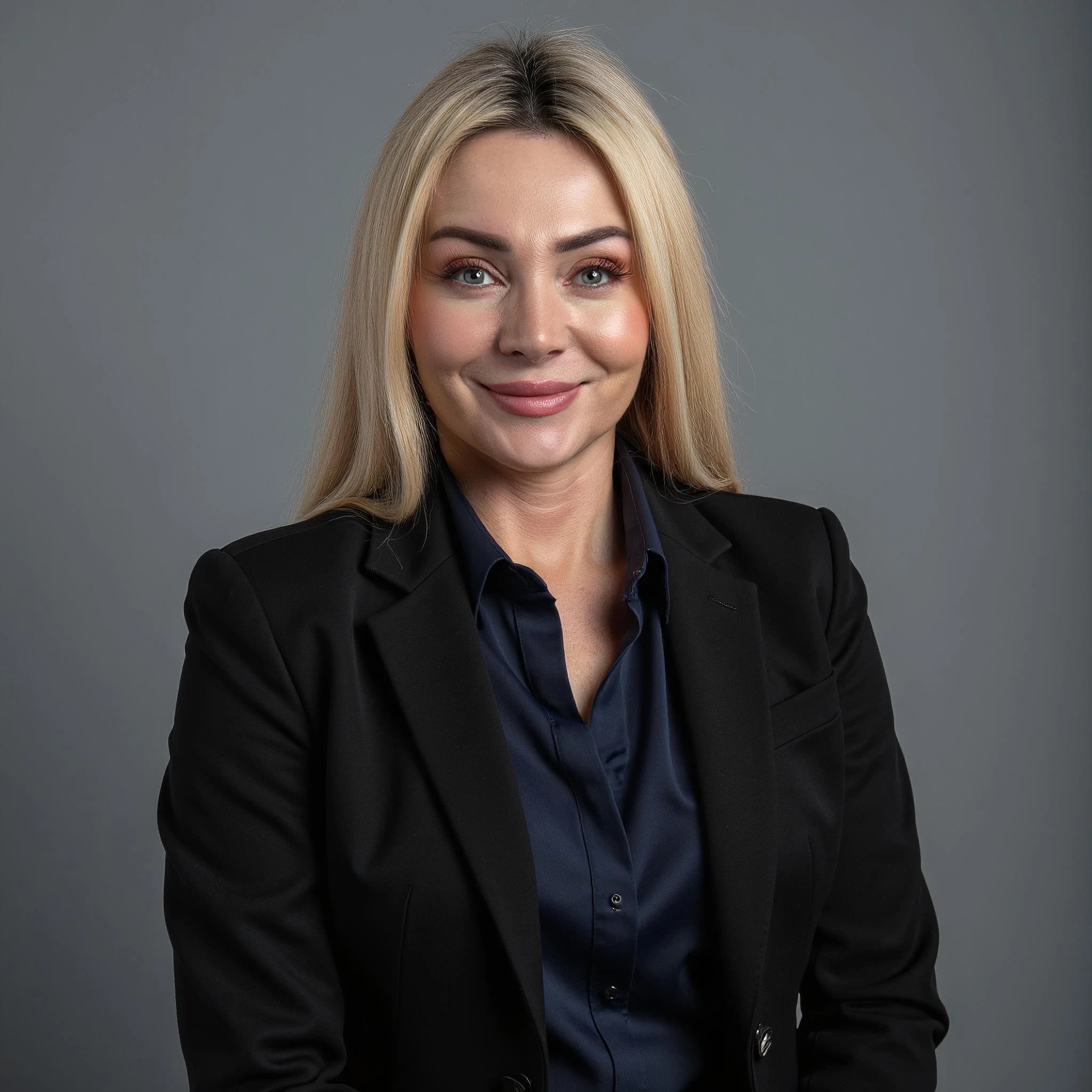 Professional headshot example: Woman Studio Black Suit Smiling 29 — LinkedInHeadshots.ai