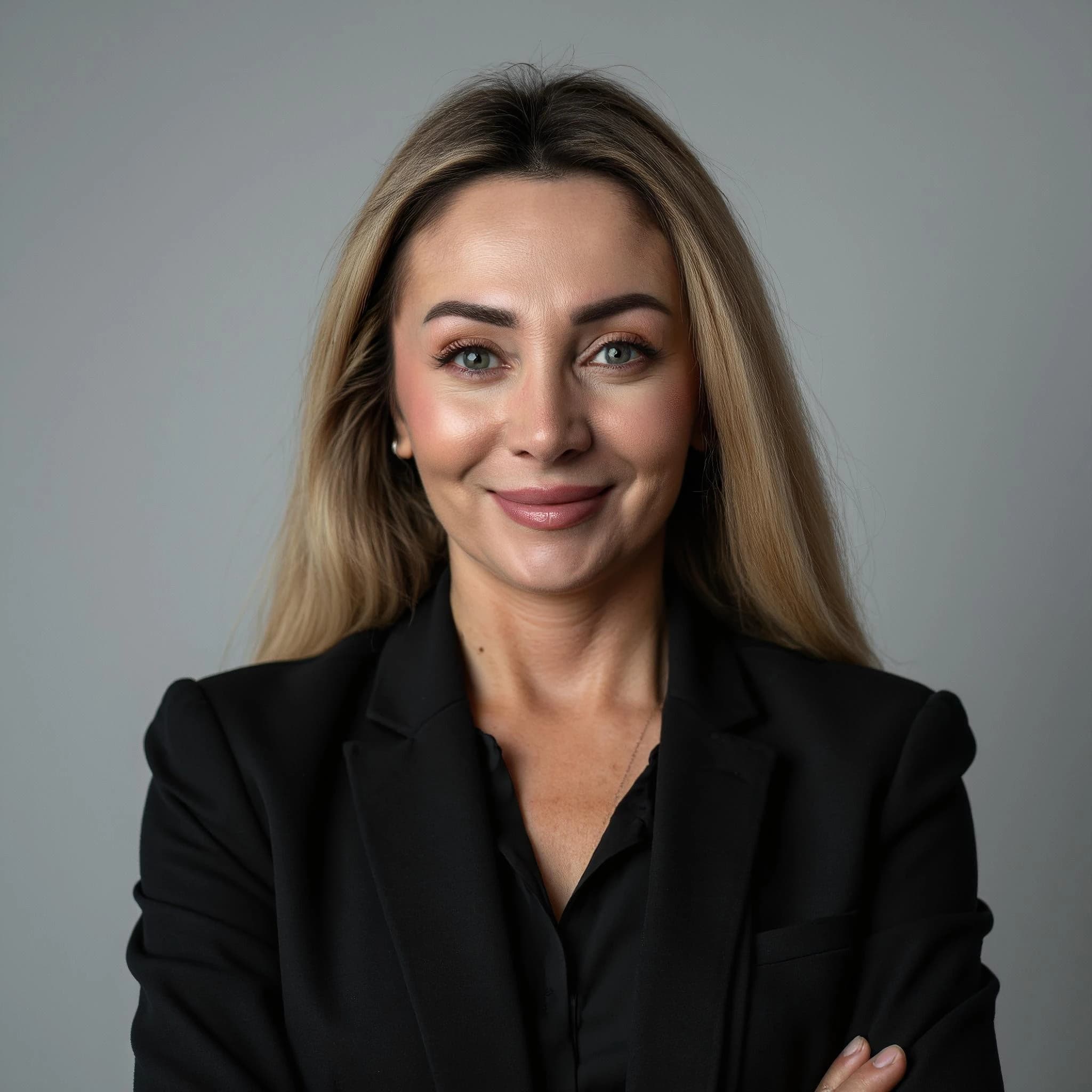 Professional headshot example: Woman Studio Black Suit Smiling 3 — LinkedInHeadshots.ai