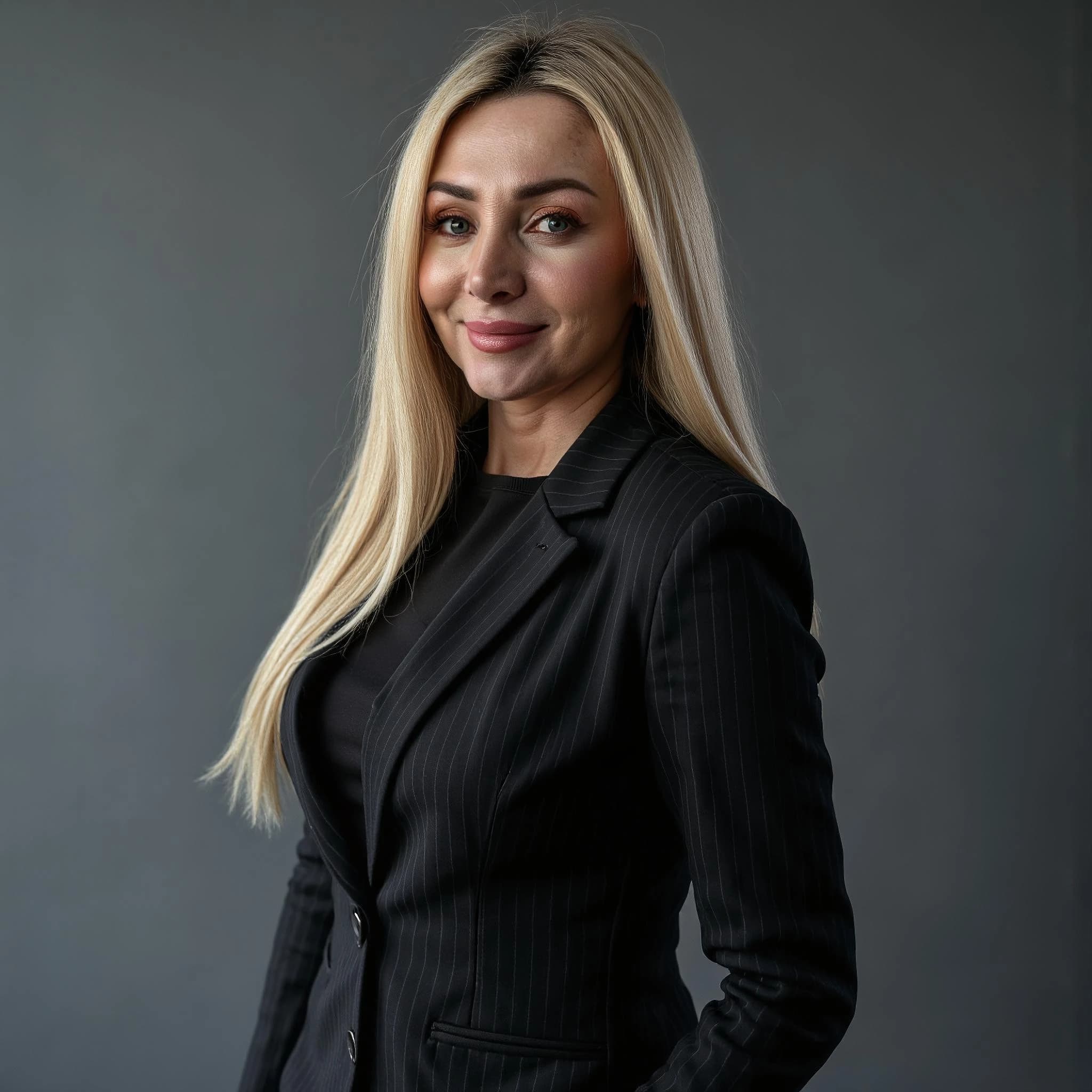 Professional headshot example: Woman Studio Black Suit Smiling 30 — LinkedInHeadshots.ai