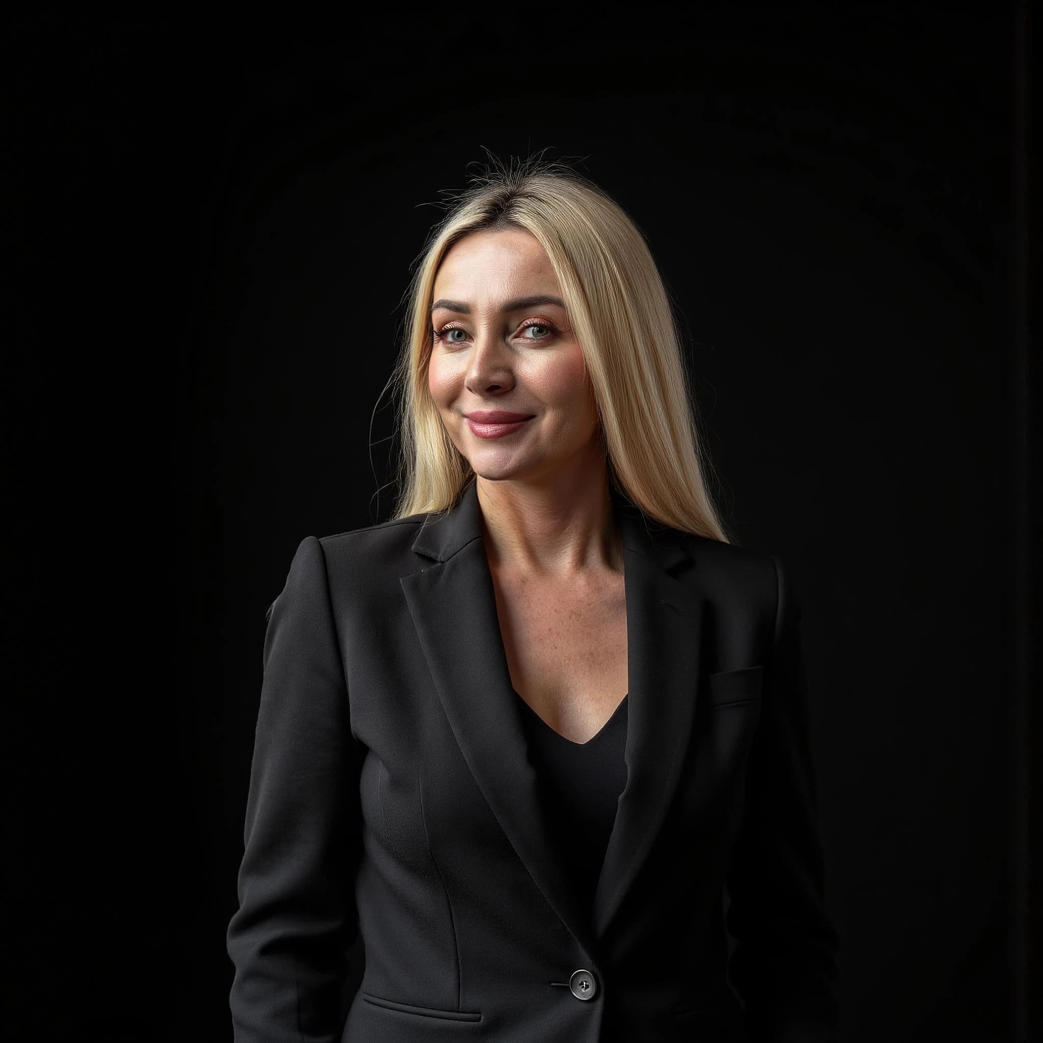 Professional headshot example: Woman Studio Black Suit Smiling 31 — LinkedInHeadshots.ai