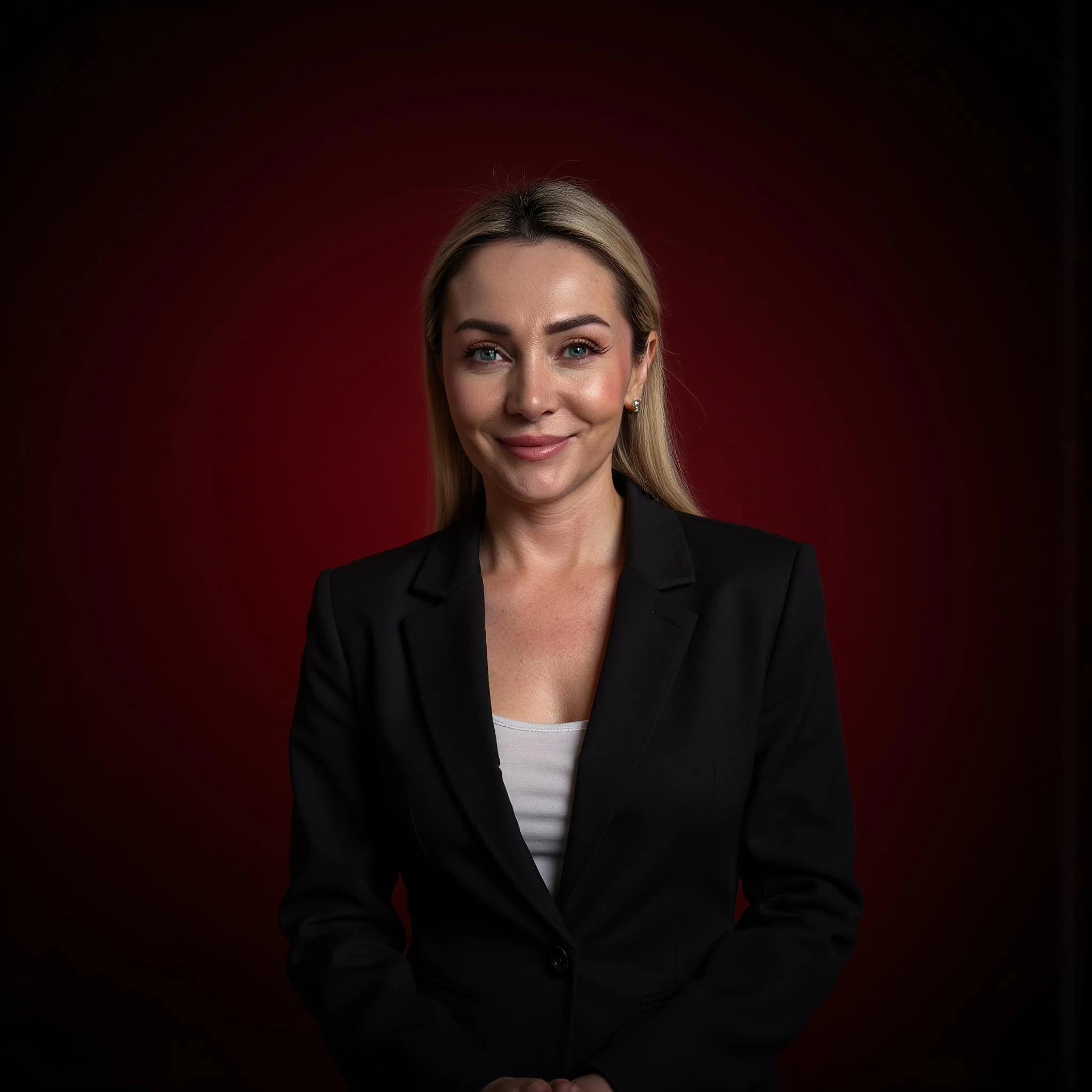 Professional headshot example: Woman Studio Black Suit Smiling 37 — LinkedInHeadshots.ai