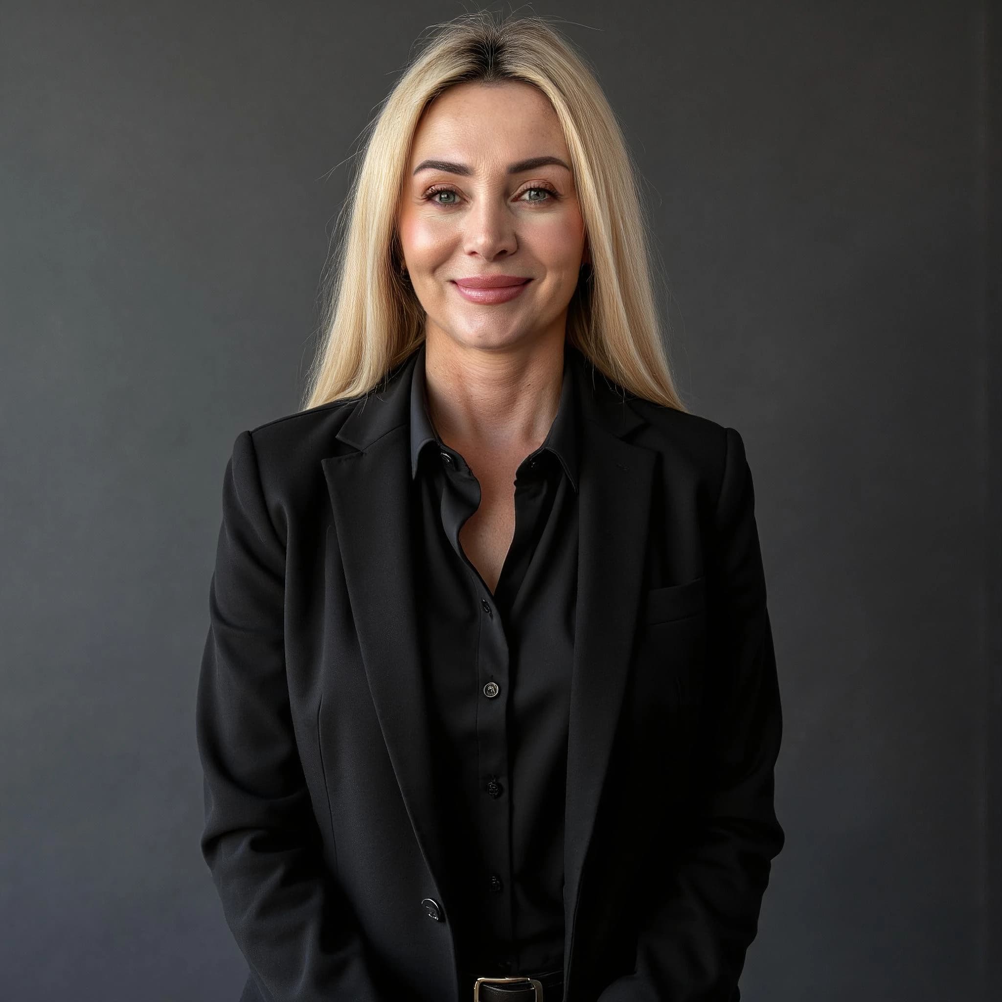 Professional headshot example: Woman Studio Black Suit Smiling 39 — LinkedInHeadshots.ai