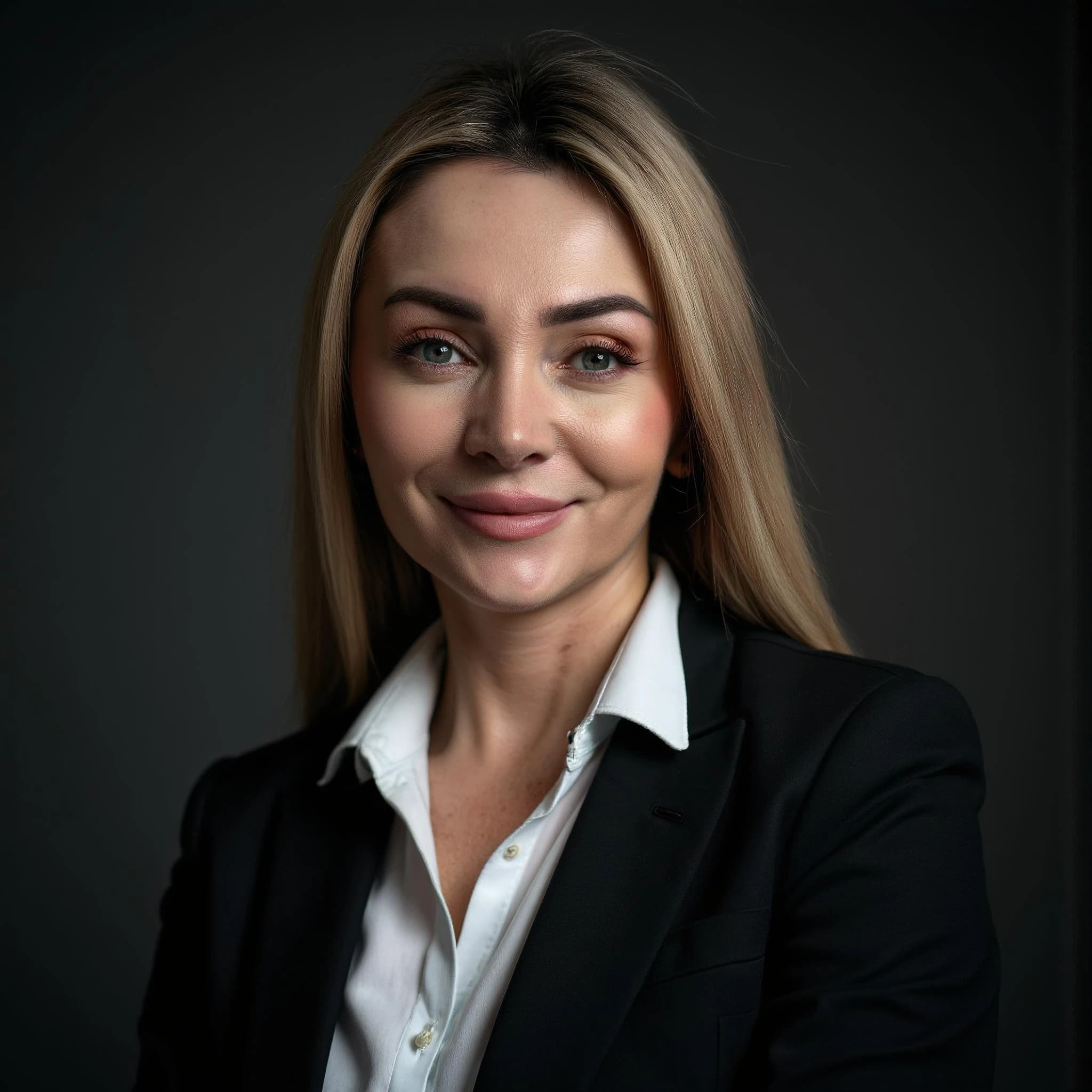 Professional headshot example: Woman Studio Black Suit Smiling 4 — LinkedInHeadshots.ai