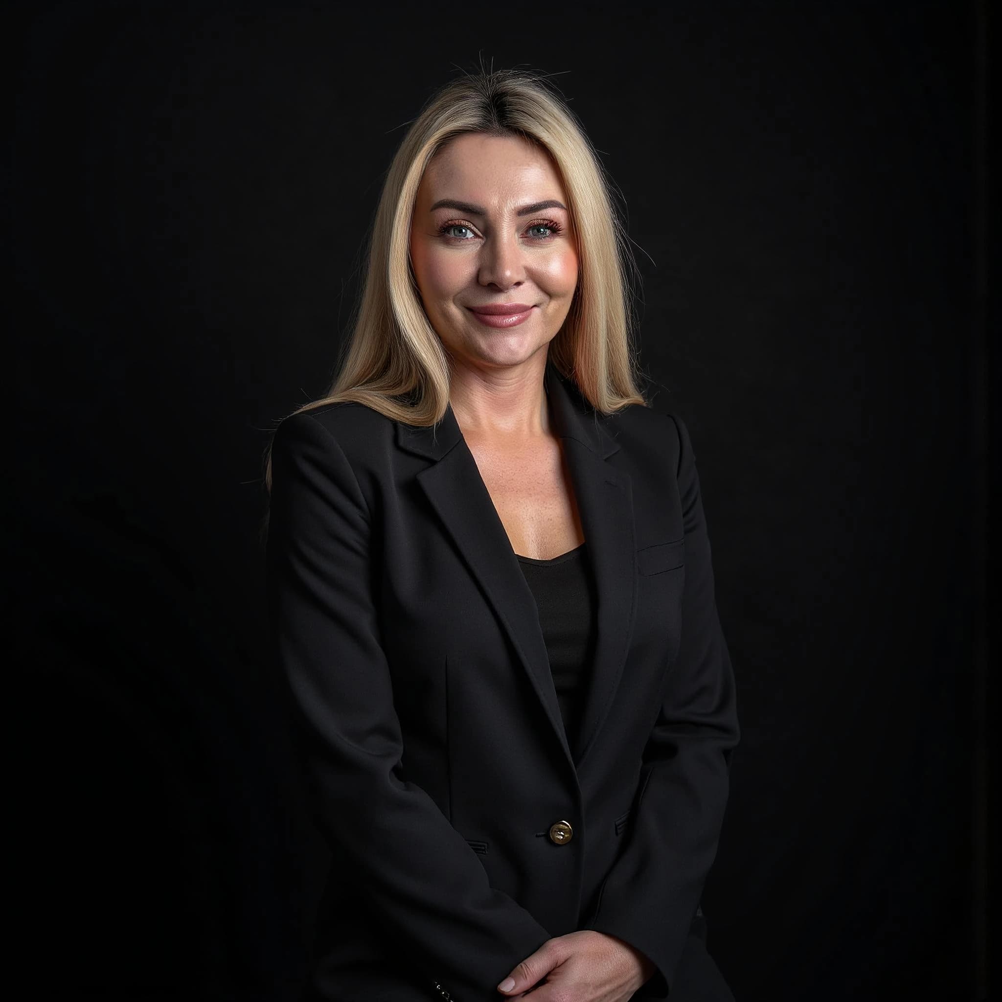 Professional headshot example: Woman Studio Black Suit Smiling 7 — LinkedInHeadshots.ai