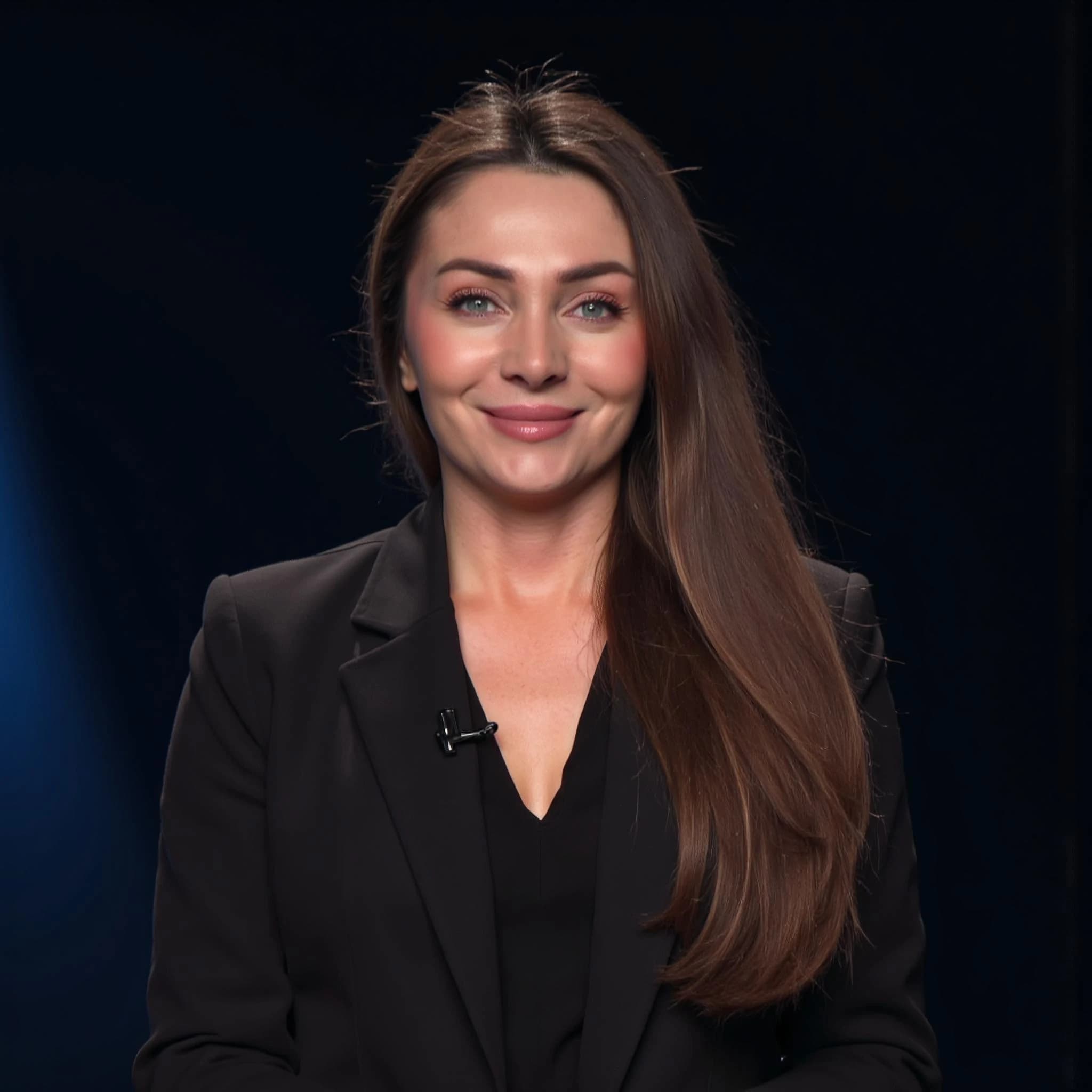Professional headshot example: Woman Studio Black Suit Smiling 8 — LinkedInHeadshots.ai