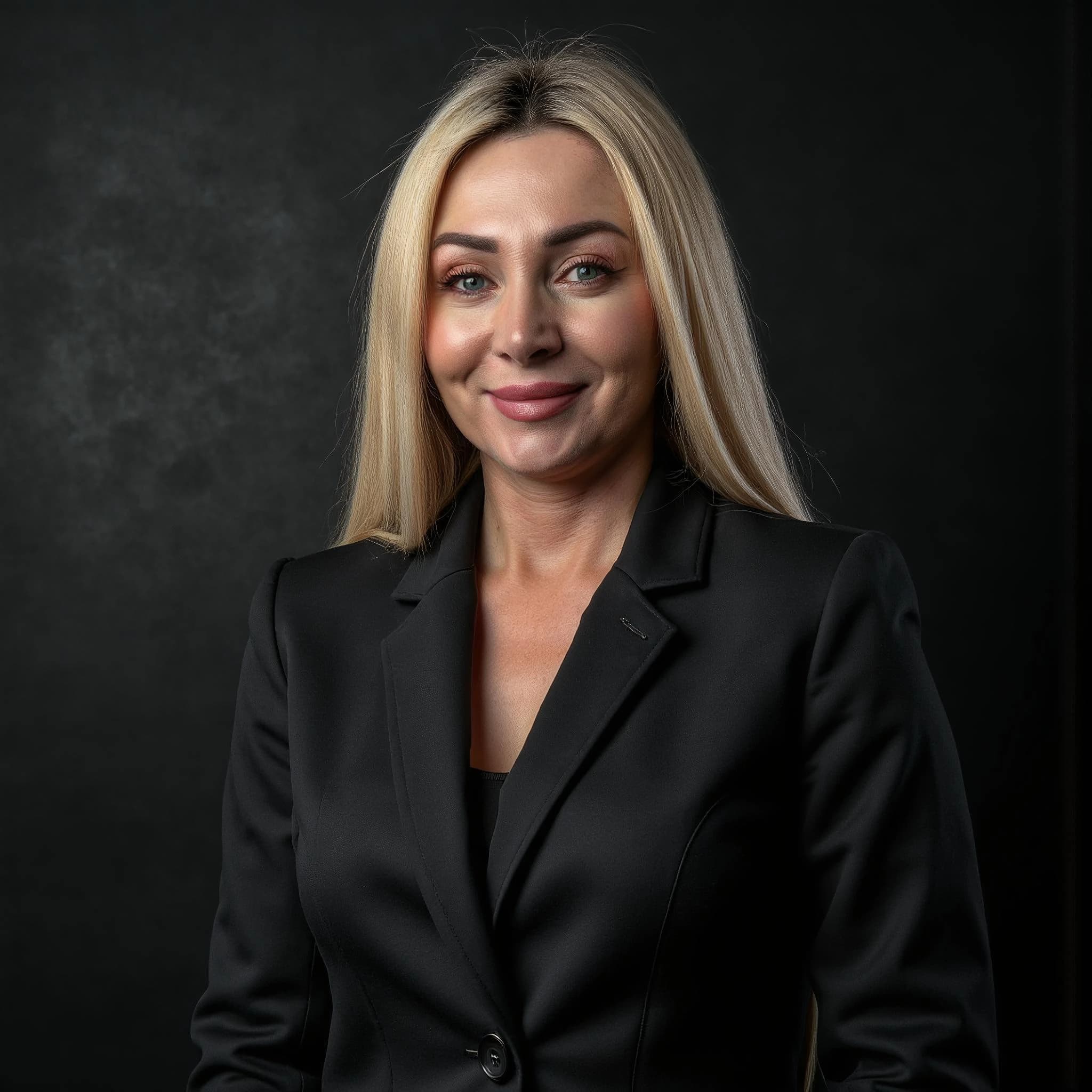 Professional headshot example: Woman Studio Black Suit Smiling 9 — LinkedInHeadshots.ai