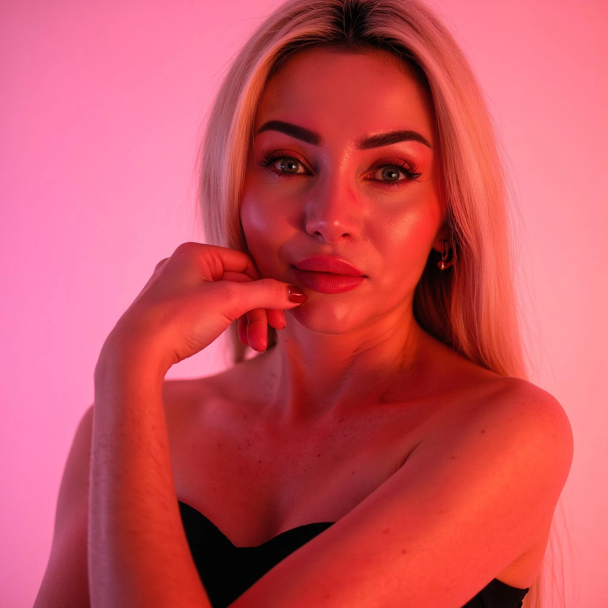 Professional headshot example: Woman Studio Black Top Pose — LinkedInHeadshots.ai