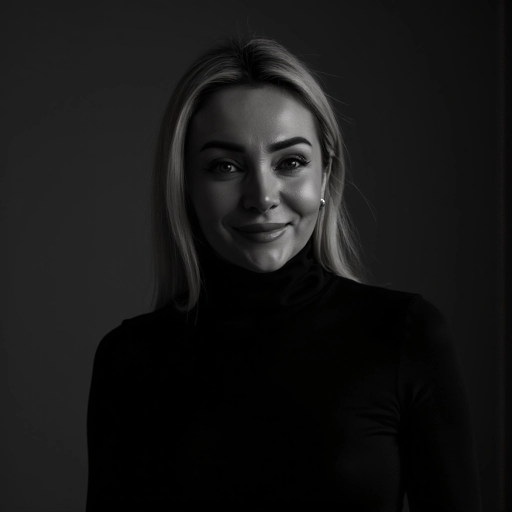 Professional headshot example: Woman Studio Black Top Smiling — LinkedInHeadshots.ai