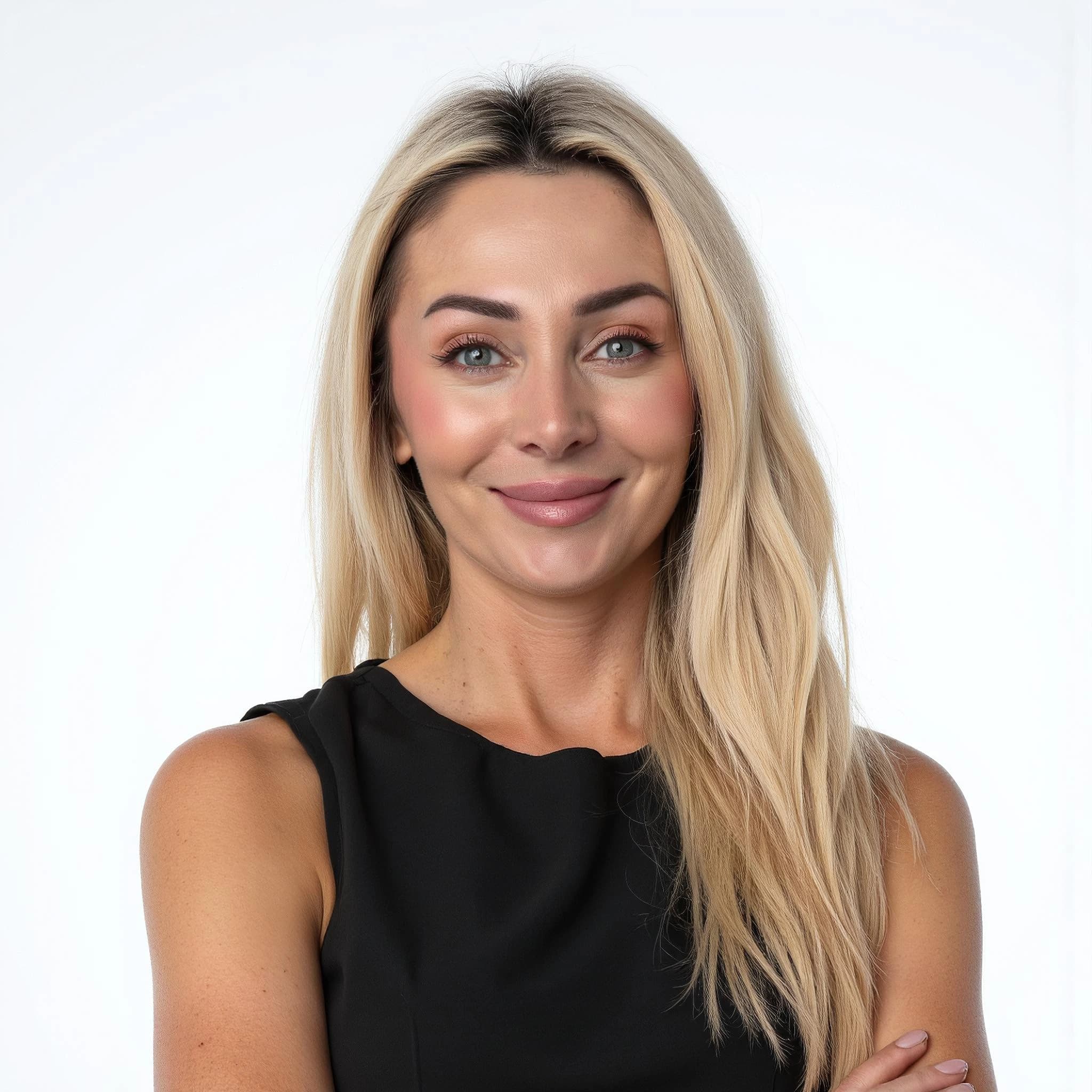 Professional headshot example: Woman Studio Black Top Smiling 2 — LinkedInHeadshots.ai