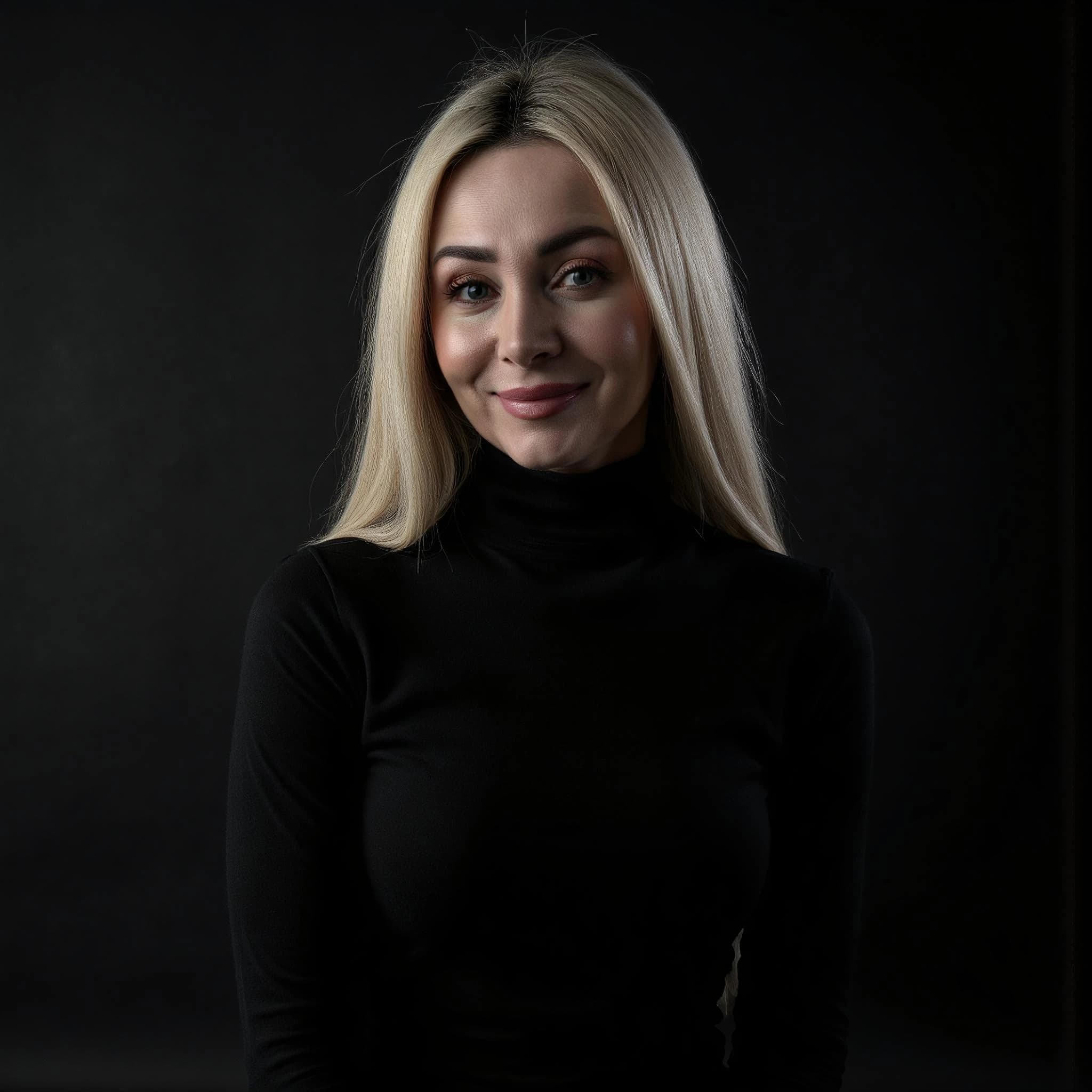 Professional headshot example: Woman Studio Black Top Smiling 3 — LinkedInHeadshots.ai