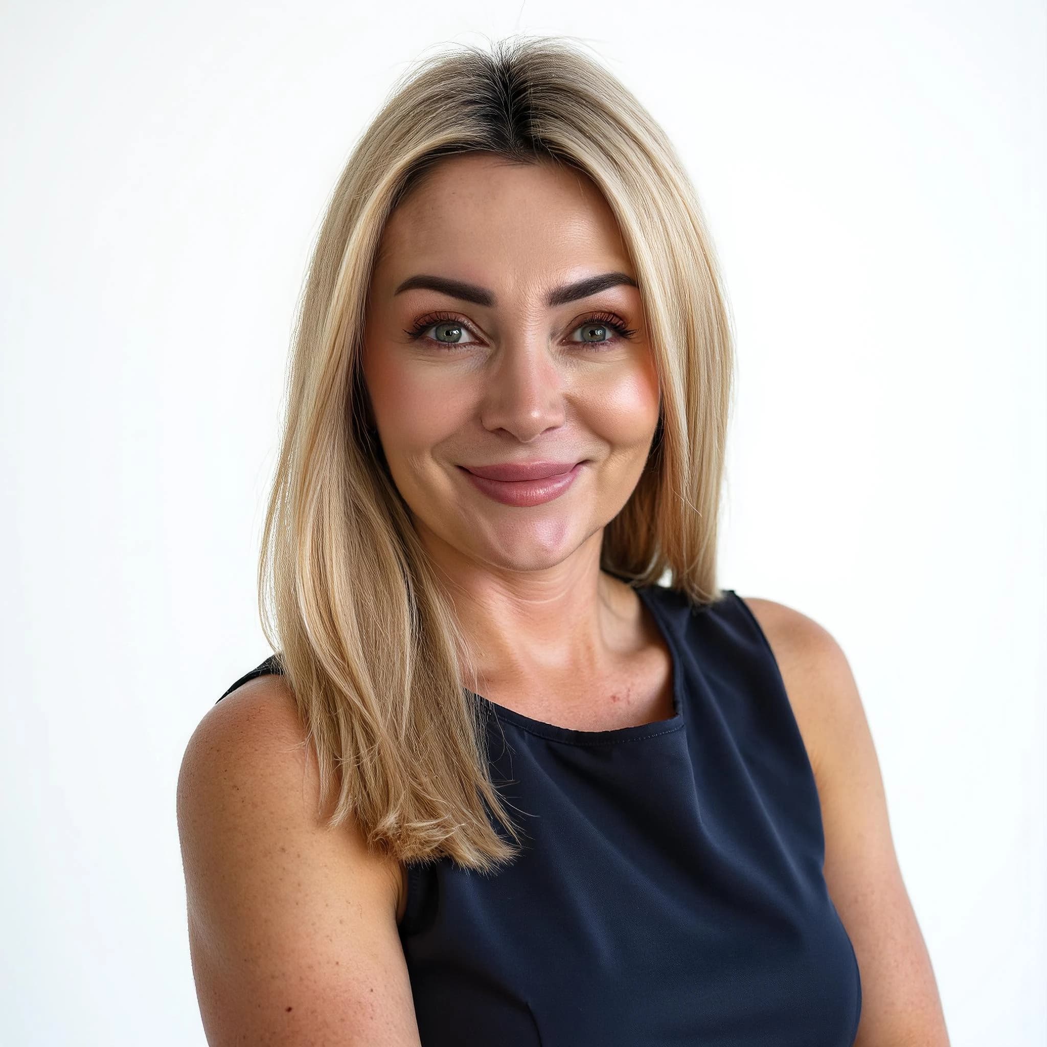 Professional headshot example: Woman Studio Black Top Smiling 7 — LinkedInHeadshots.ai