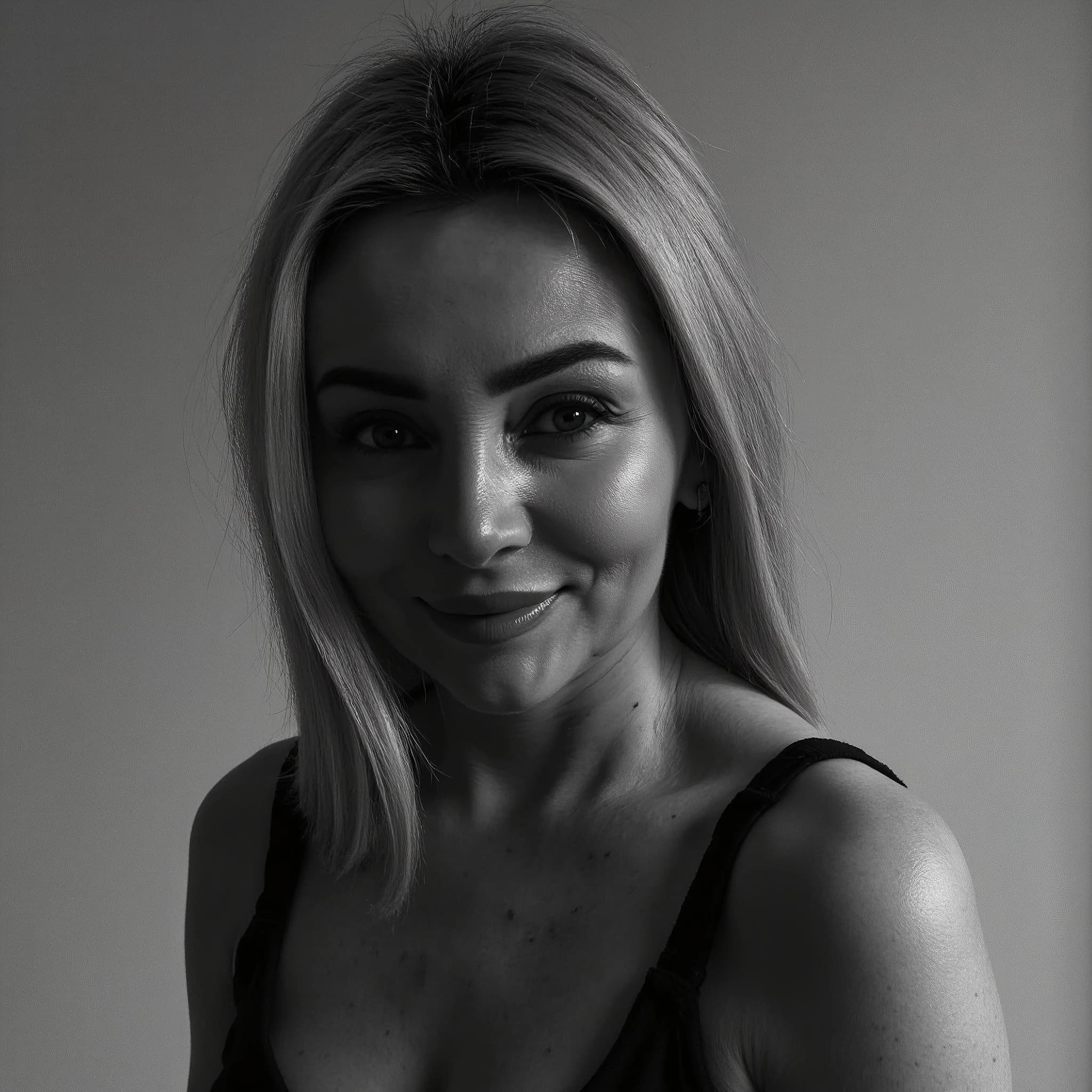 Professional headshot example: Woman Studio Black Top Smiling 8 — LinkedInHeadshots.ai