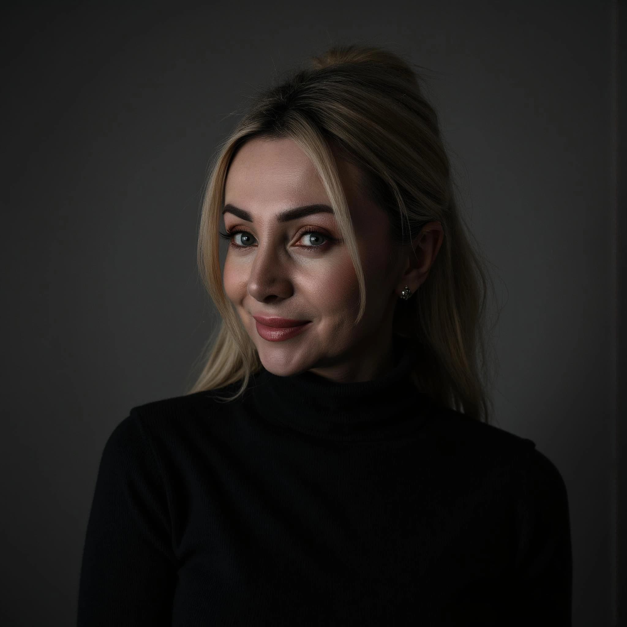 Professional headshot example: Woman Studio Black Top Smiling 9 — LinkedInHeadshots.ai