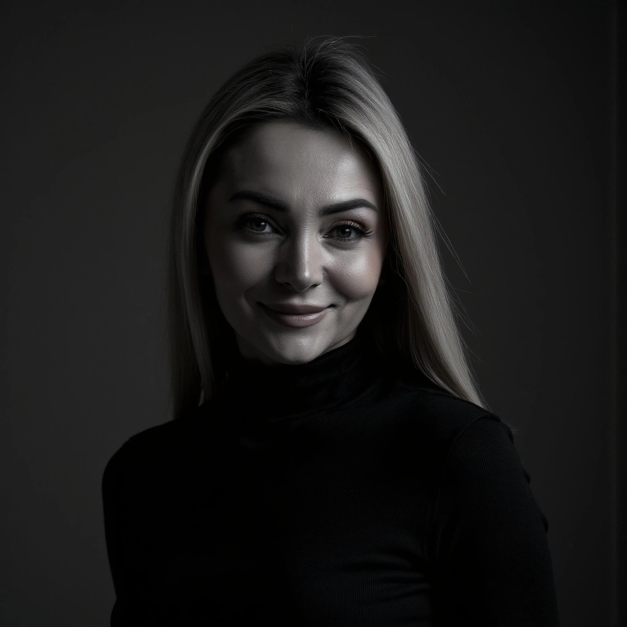 Professional headshot example: Woman Studio Black Turtleneck Smiling 2 — LinkedInHeadshots.ai