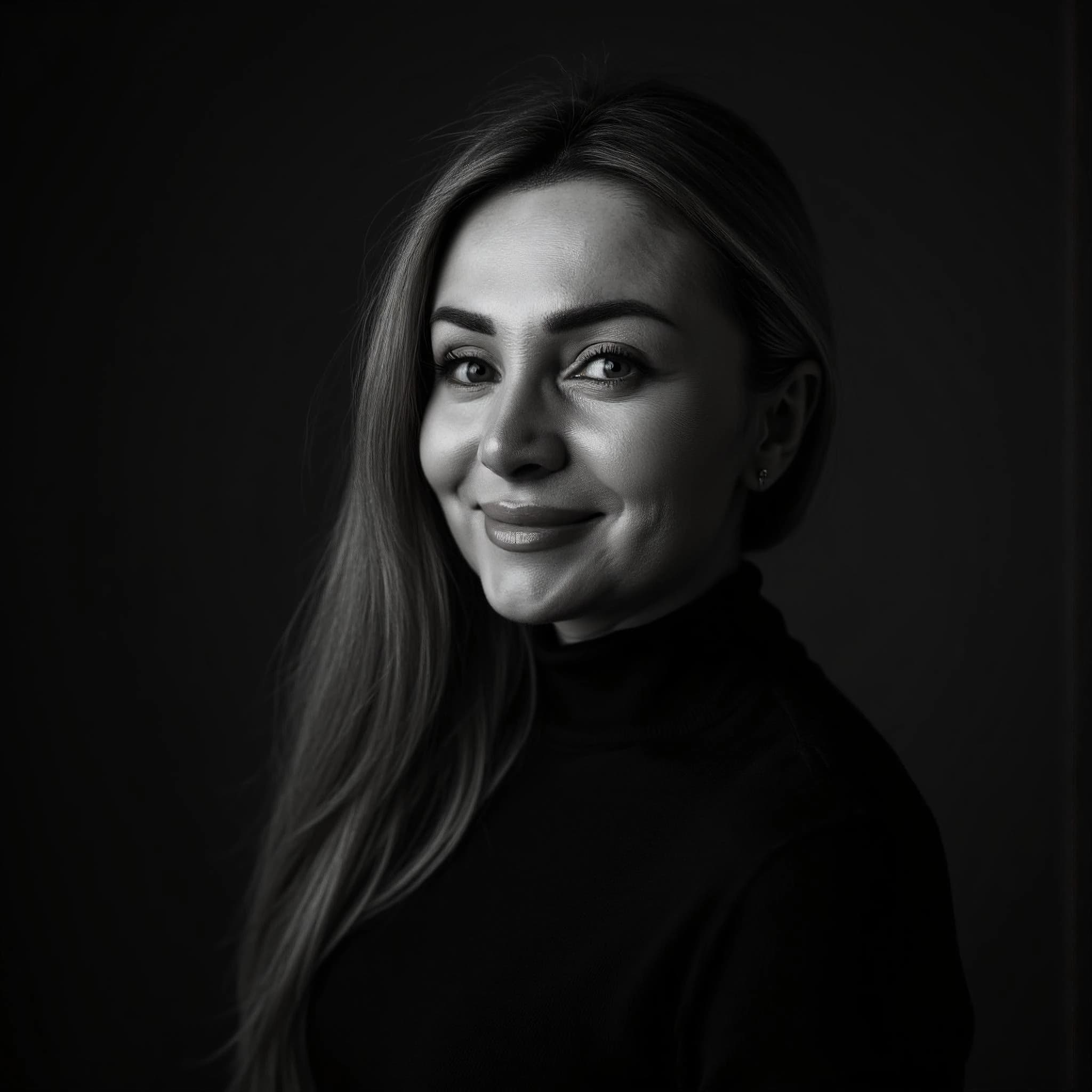 Professional headshot example: Woman Studio Black Turtleneck Smiling 3 — LinkedInHeadshots.ai