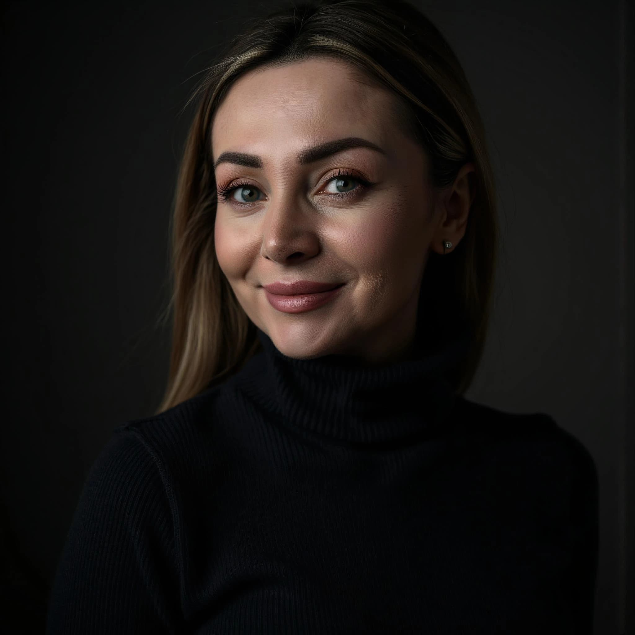Professional headshot example: Woman Studio Black Turtleneck Smiling 4 — LinkedInHeadshots.ai