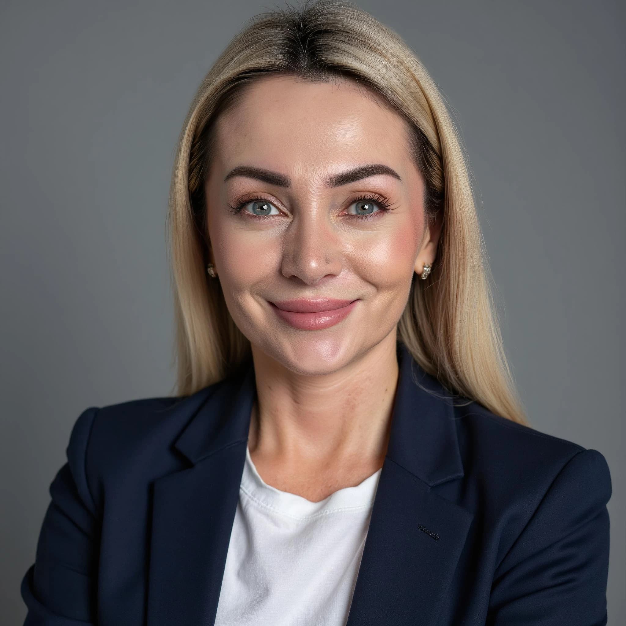 Professional headshot example: Woman Studio Blue Blazer Smiling 2 — LinkedInHeadshots.ai