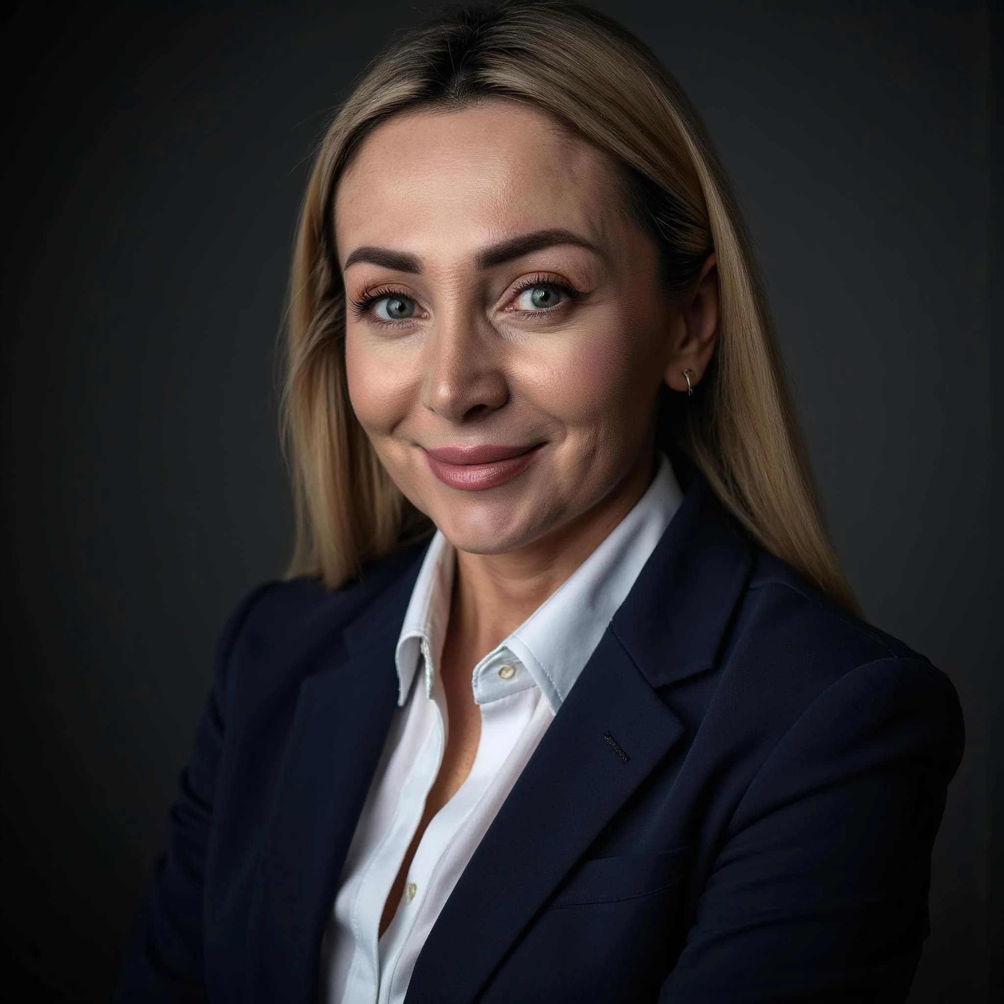 Professional headshot example: Woman Studio Blue Blazer Smiling 3 — LinkedInHeadshots.ai