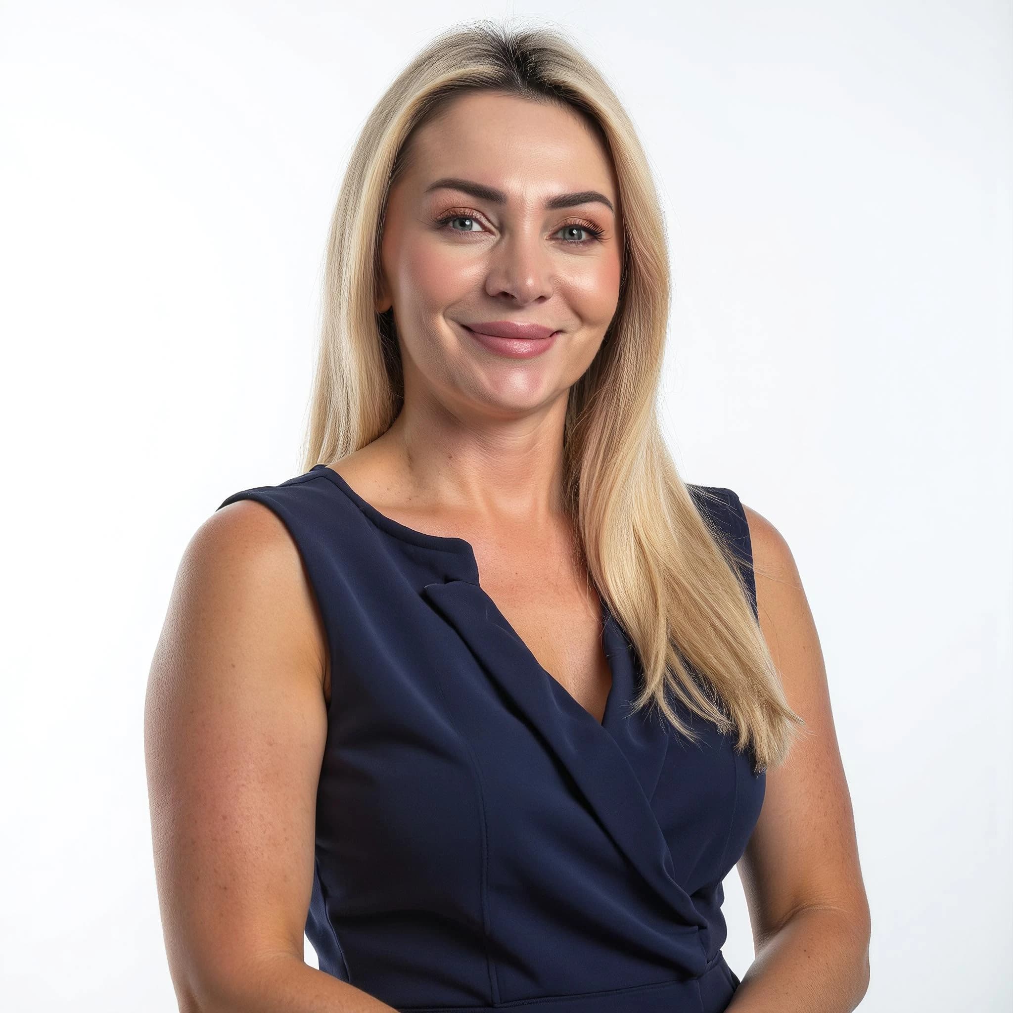 Professional headshot example: Woman Studio Blue Dress Smiling — LinkedInHeadshots.ai