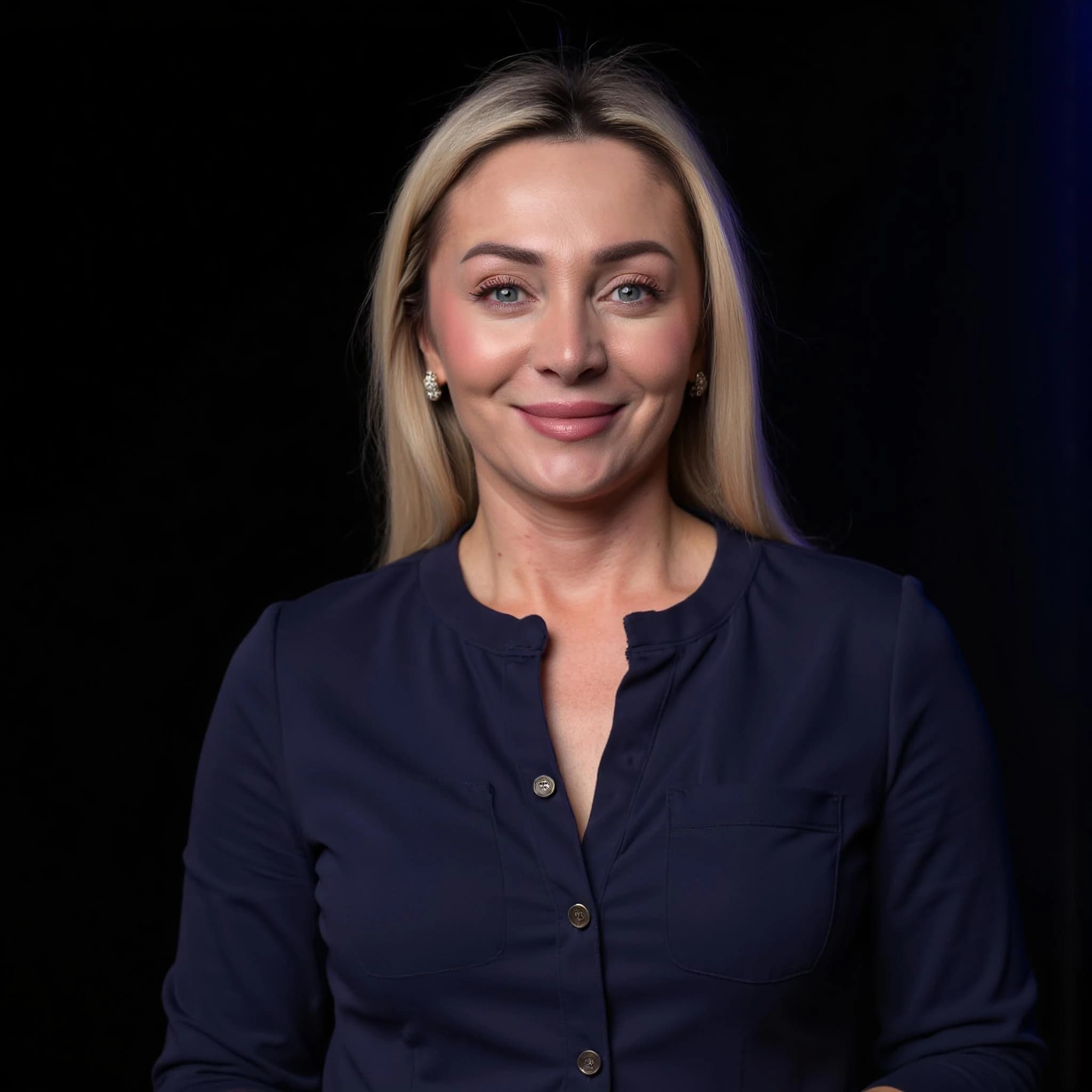 Professional headshot example: Woman Studio Blue Top Smiling — LinkedInHeadshots.ai