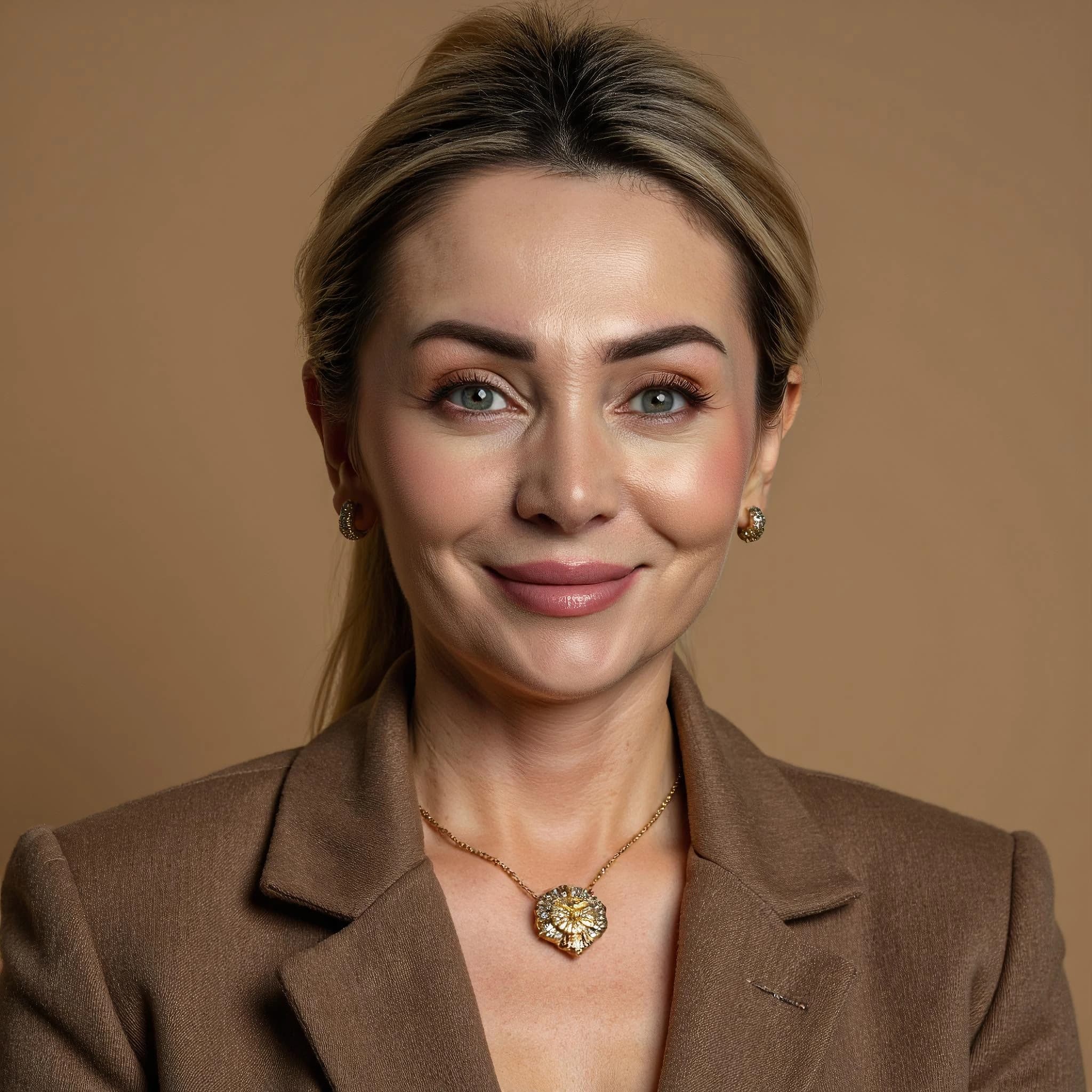 Professional headshot example: Woman Studio Brown Blazer Smiling 2 — LinkedInHeadshots.ai