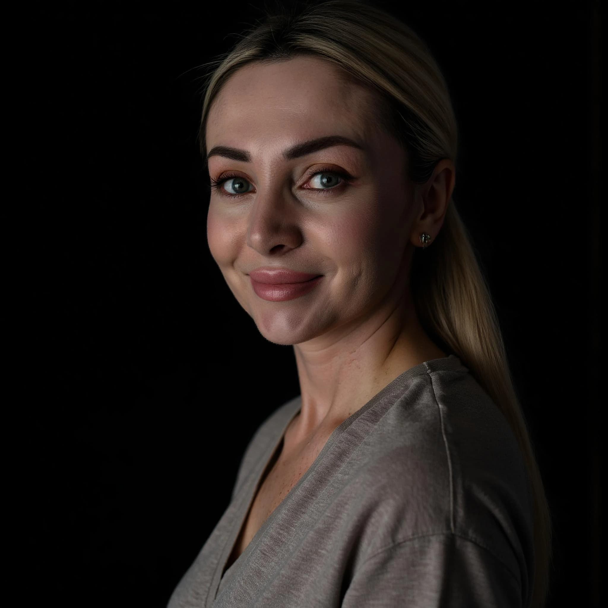 Professional headshot example: Woman Studio Gray Top Smiling — LinkedInHeadshots.ai