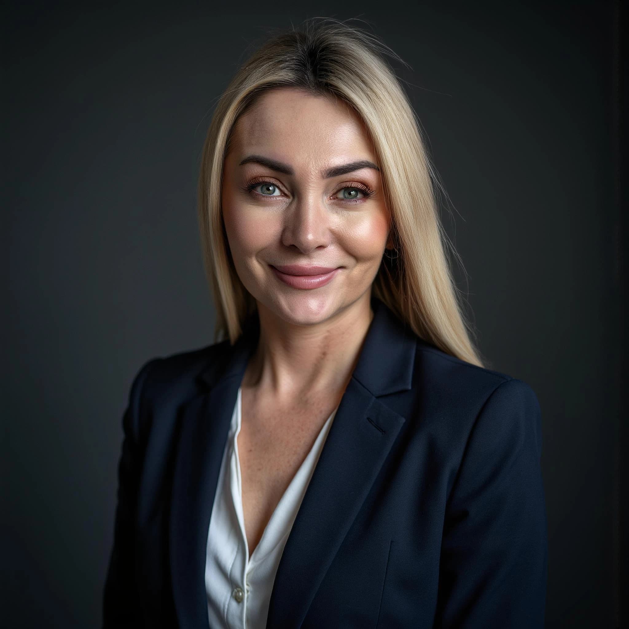 Professional headshot example: Woman Studio Navy Blazer Smiling 2 — LinkedInHeadshots.ai