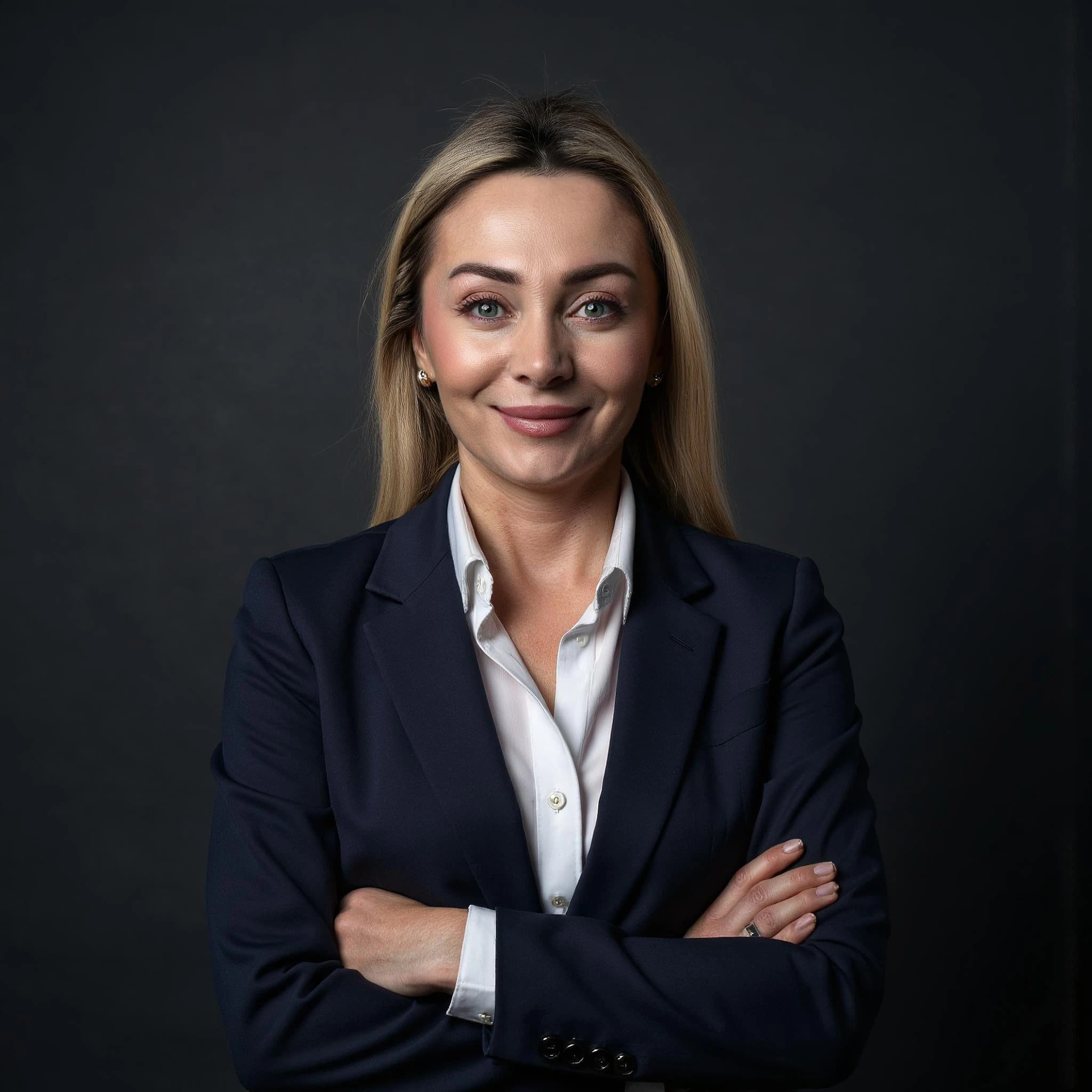 Professional headshot example: Woman Studio Navy Suit Crossed Arms 2 — LinkedInHeadshots.ai