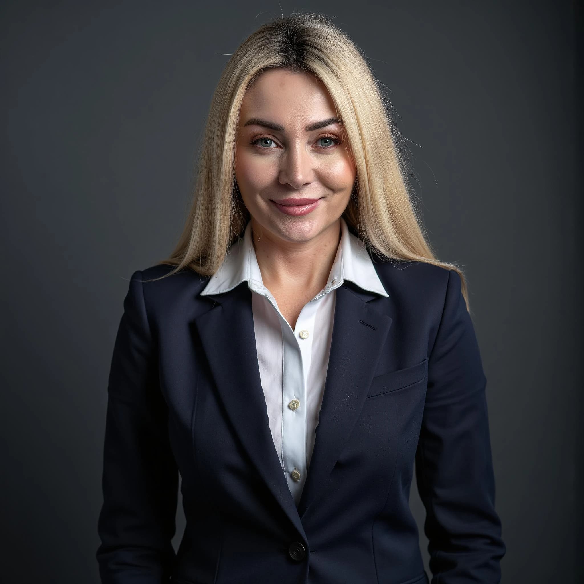 Professional headshot example: Woman Studio Navy Suit Smiling — LinkedInHeadshots.ai