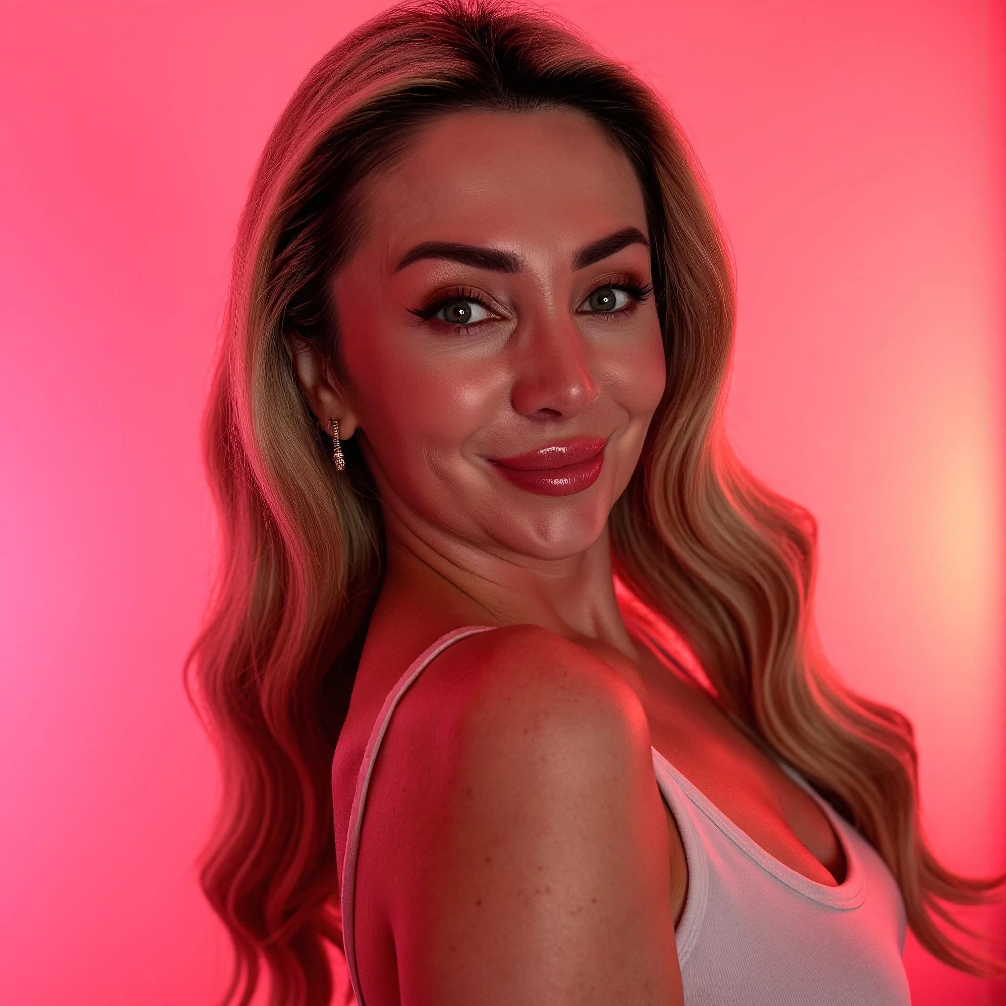 Professional headshot example: Woman Studio Pink Background Smiling 10 — LinkedInHeadshots.ai