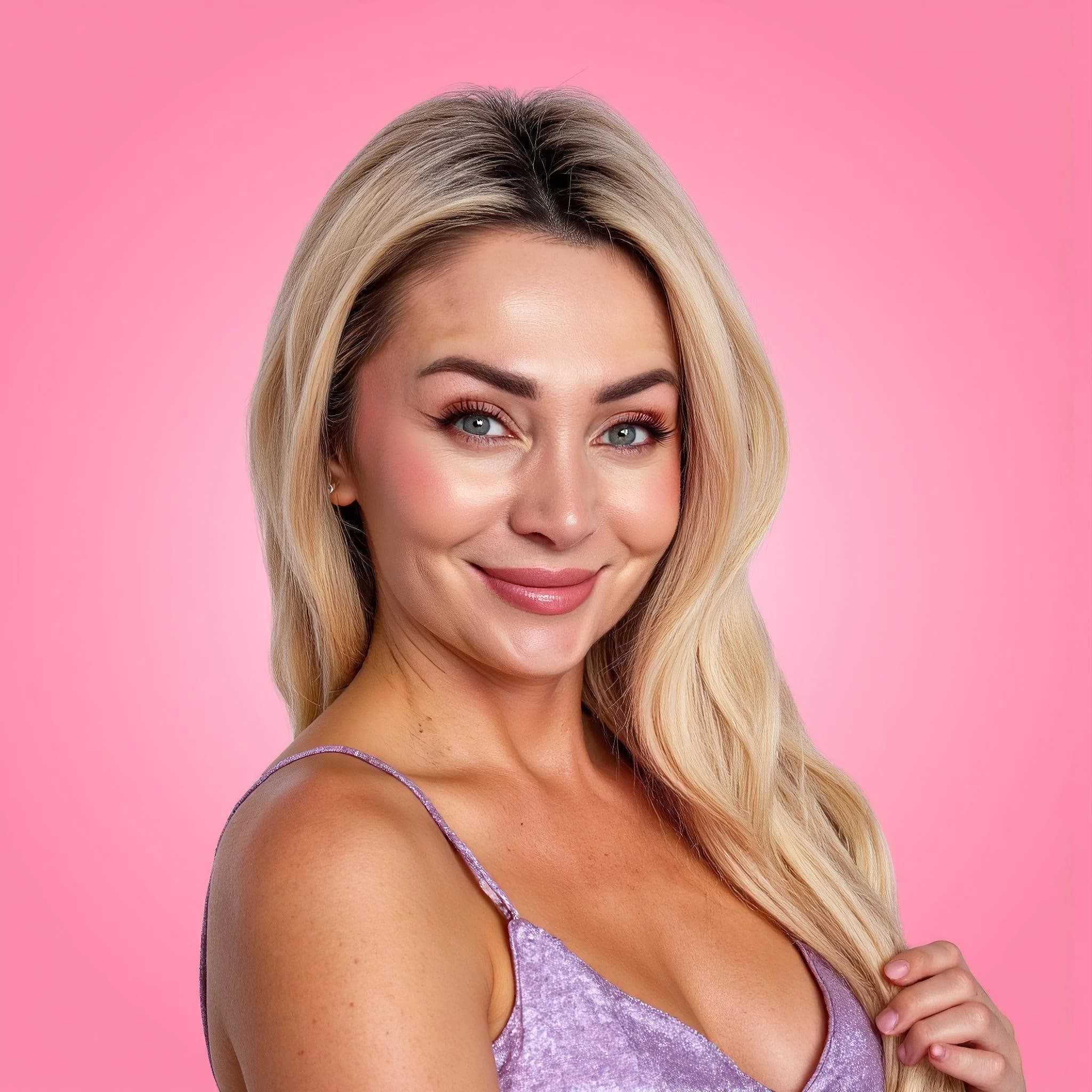 Professional headshot example: Woman Studio Pink Background Smiling 3 — LinkedInHeadshots.ai