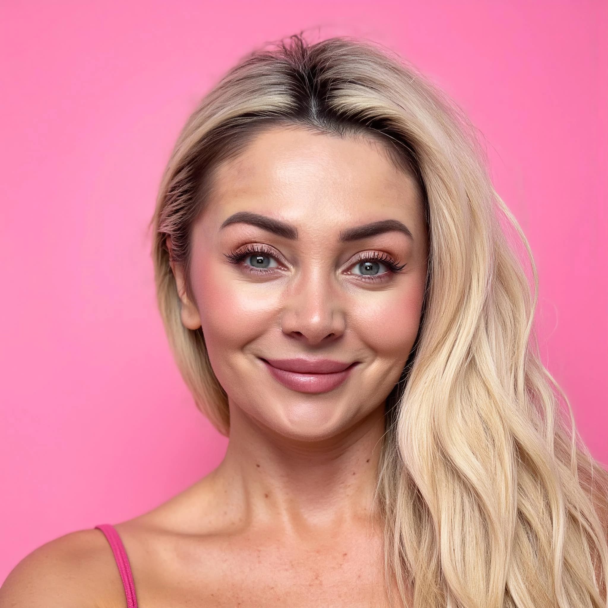 Professional headshot example: Woman Studio Pink Background Smiling 6 — LinkedInHeadshots.ai