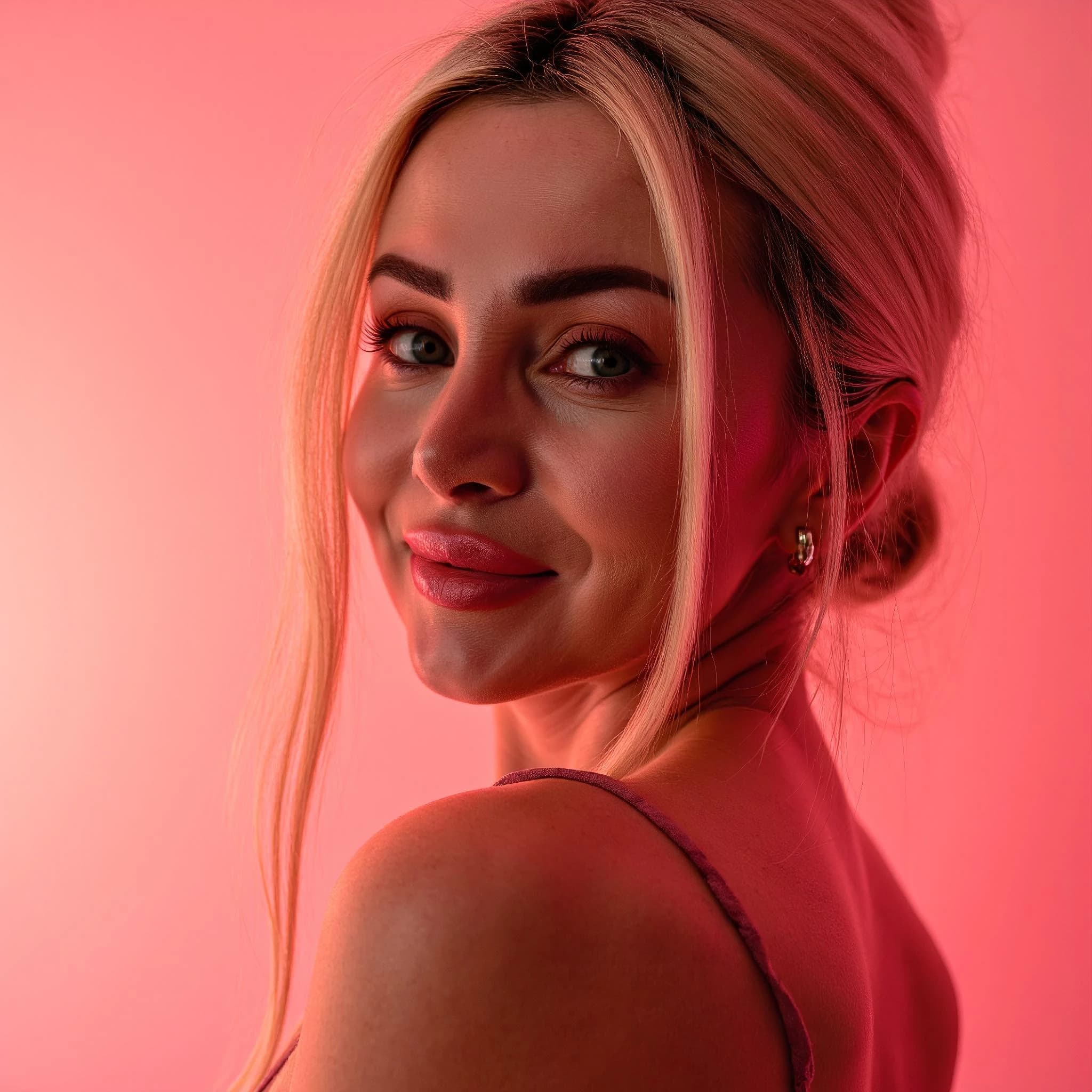 Professional headshot example: Woman Studio Pink Background Smiling 8 — LinkedInHeadshots.ai