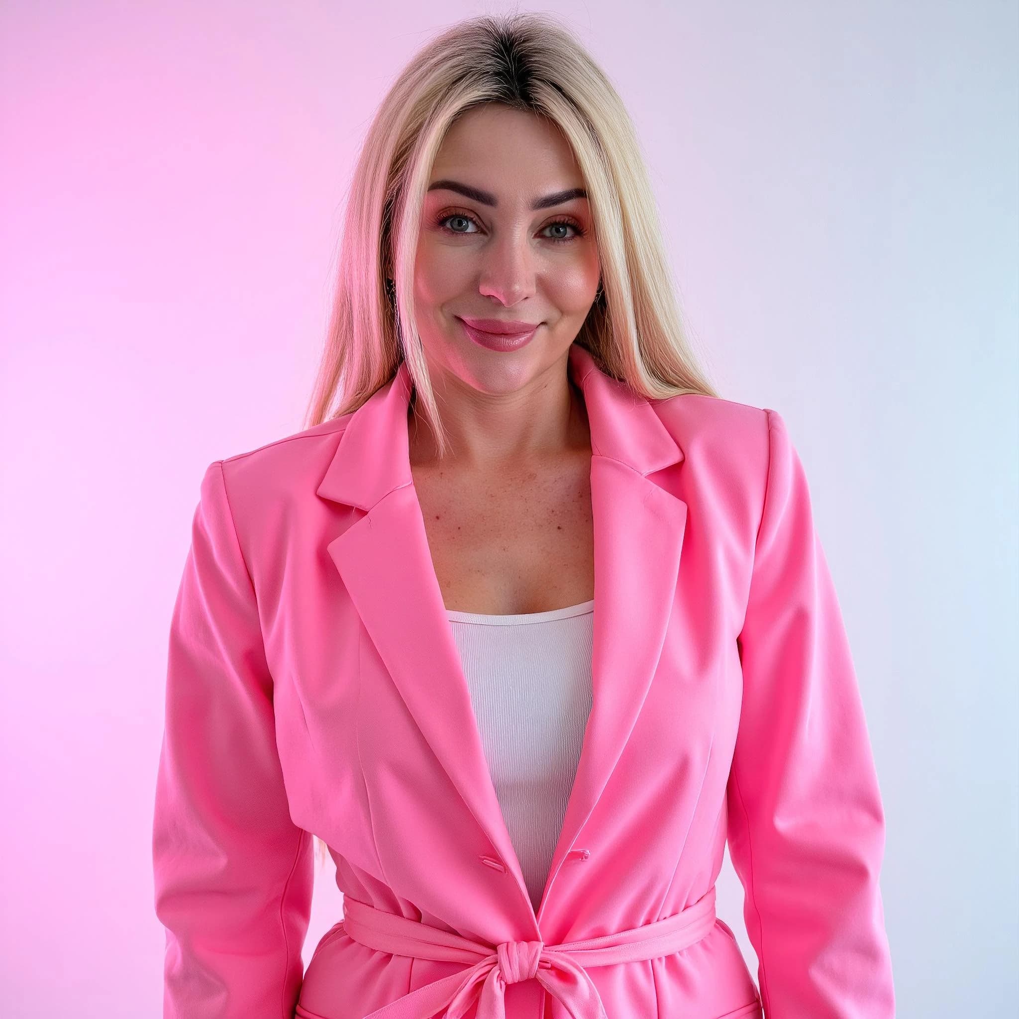 Professional headshot example: Woman Studio Pink Blazer Smiling — LinkedInHeadshots.ai