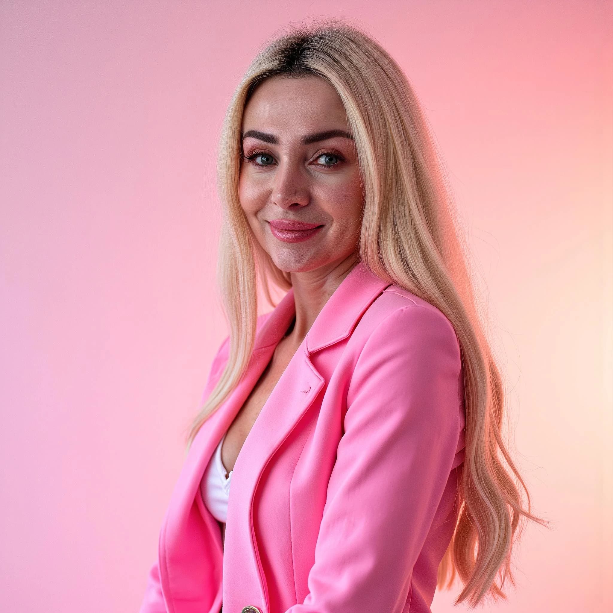 Professional headshot example: Woman Studio Pink Blazer Smiling 2 — LinkedInHeadshots.ai