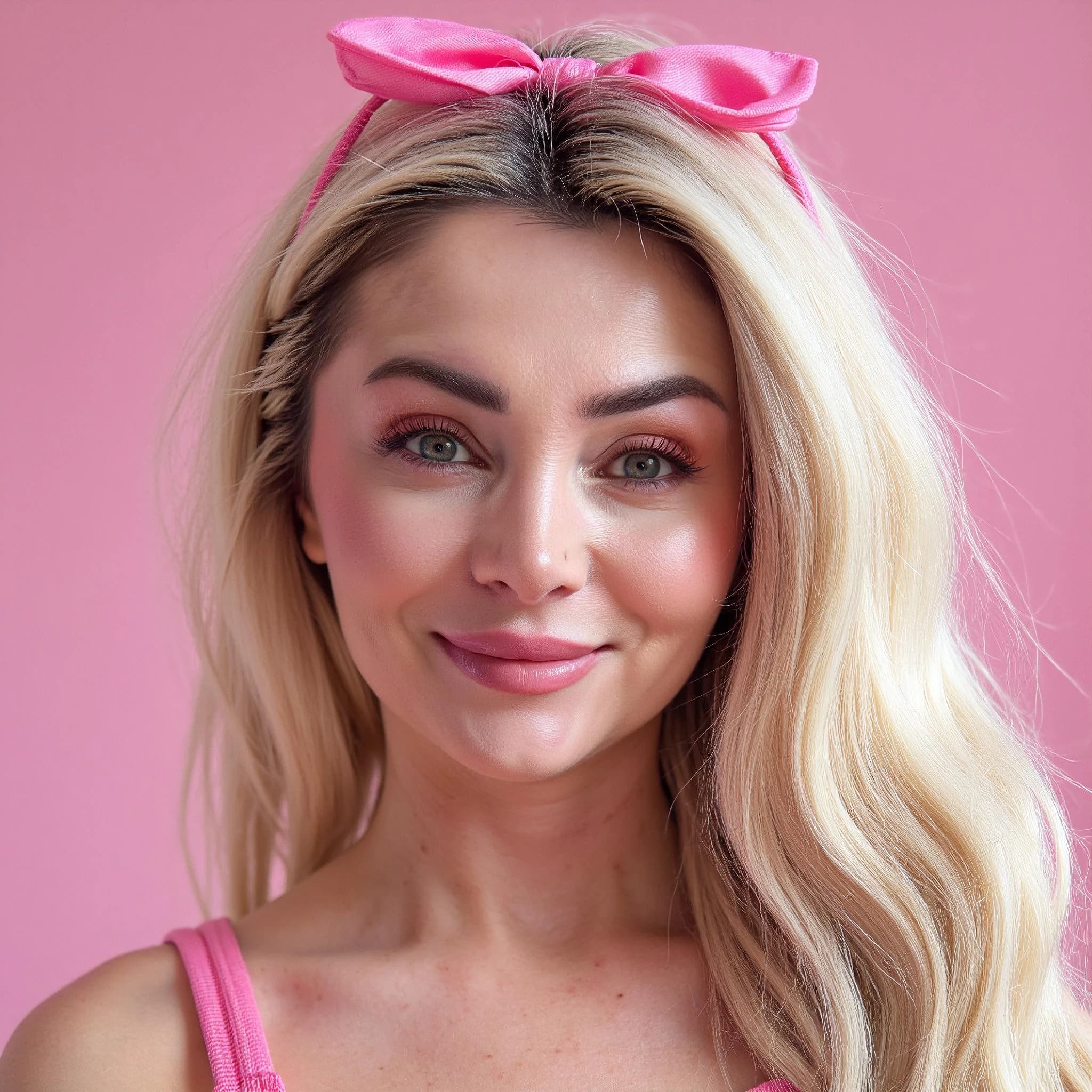 Professional headshot example: Woman Studio Pink Headband Smiling — LinkedInHeadshots.ai