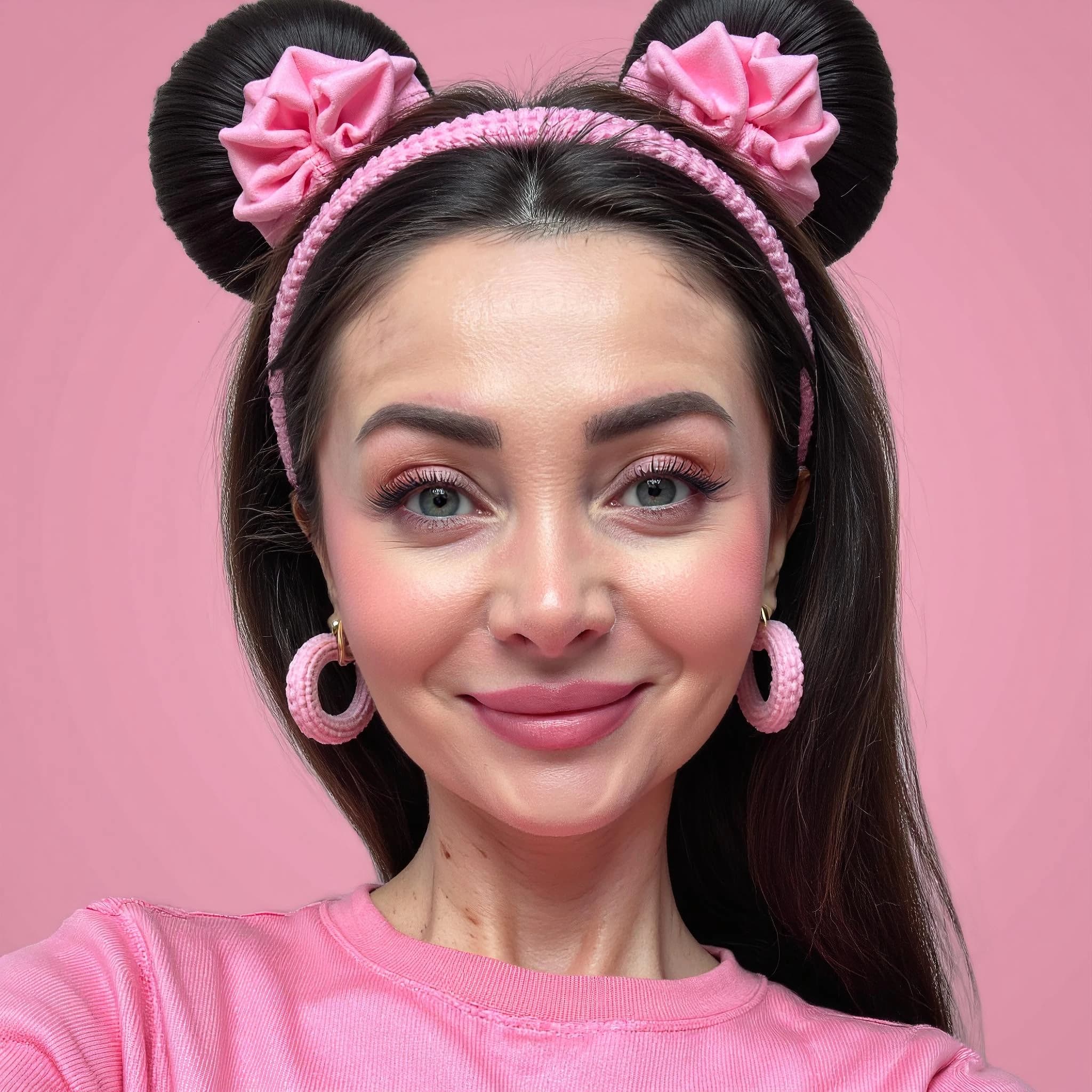 Professional headshot example: Woman Studio Pink Headband Smiling 2 — LinkedInHeadshots.ai