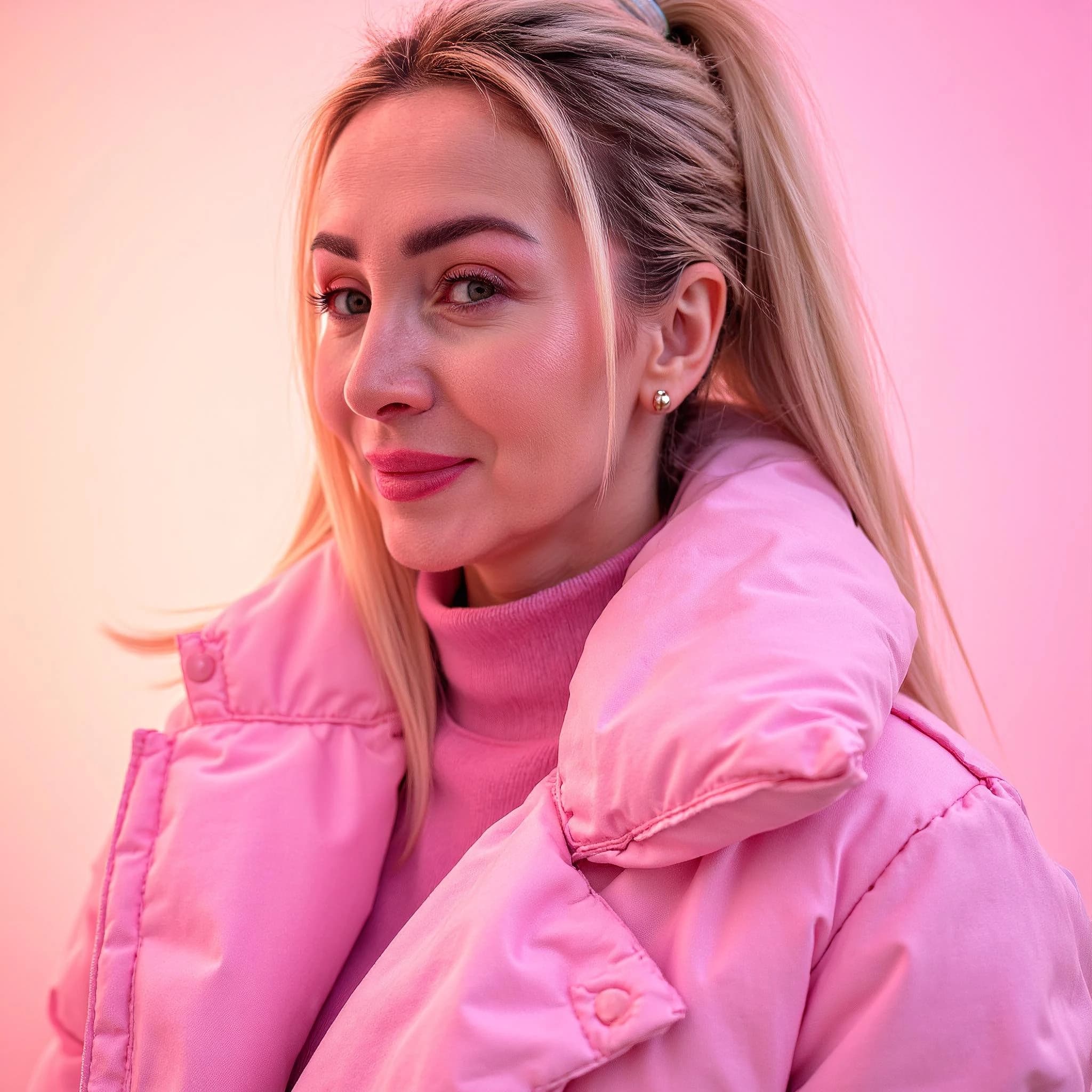 Professional headshot example: Woman Studio Pink Jacket Smiling 2 — LinkedInHeadshots.ai