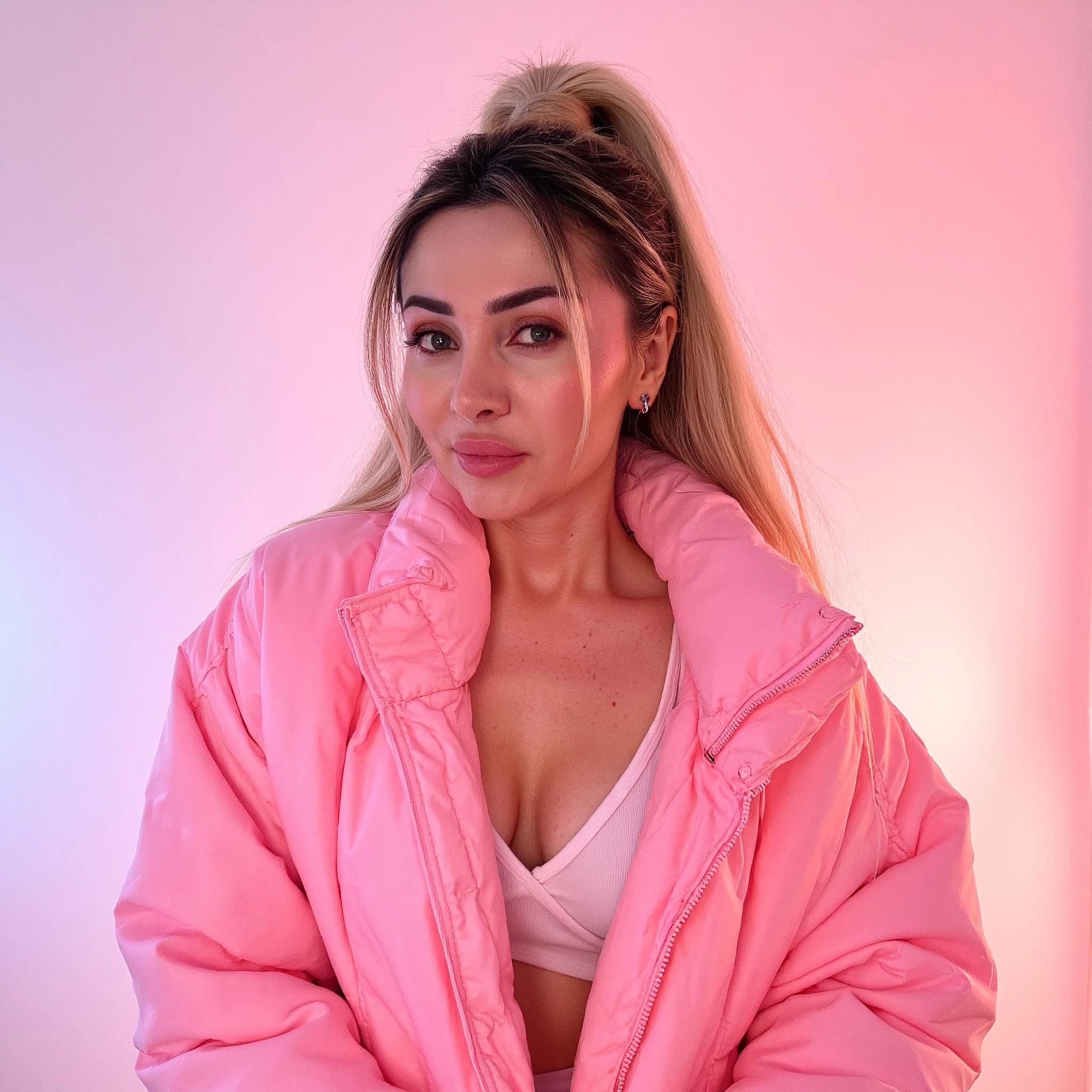 Professional headshot example: Woman Studio Pink Jacket Smiling 3 — LinkedInHeadshots.ai